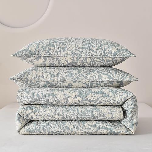 Miniatura 7 de DURLENGEN Juego de edredón floral tamaño Queen de 3 piezas, patrón floral de cachemira azul y verde para todas las estaciones, juego de colcha