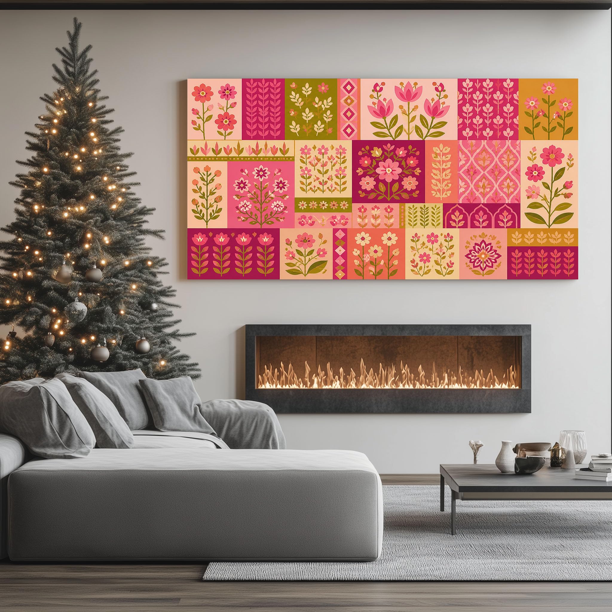 Quadri Camera Da Letto Piastrelle Floreali Geometriche Cornice 70X140 Cm