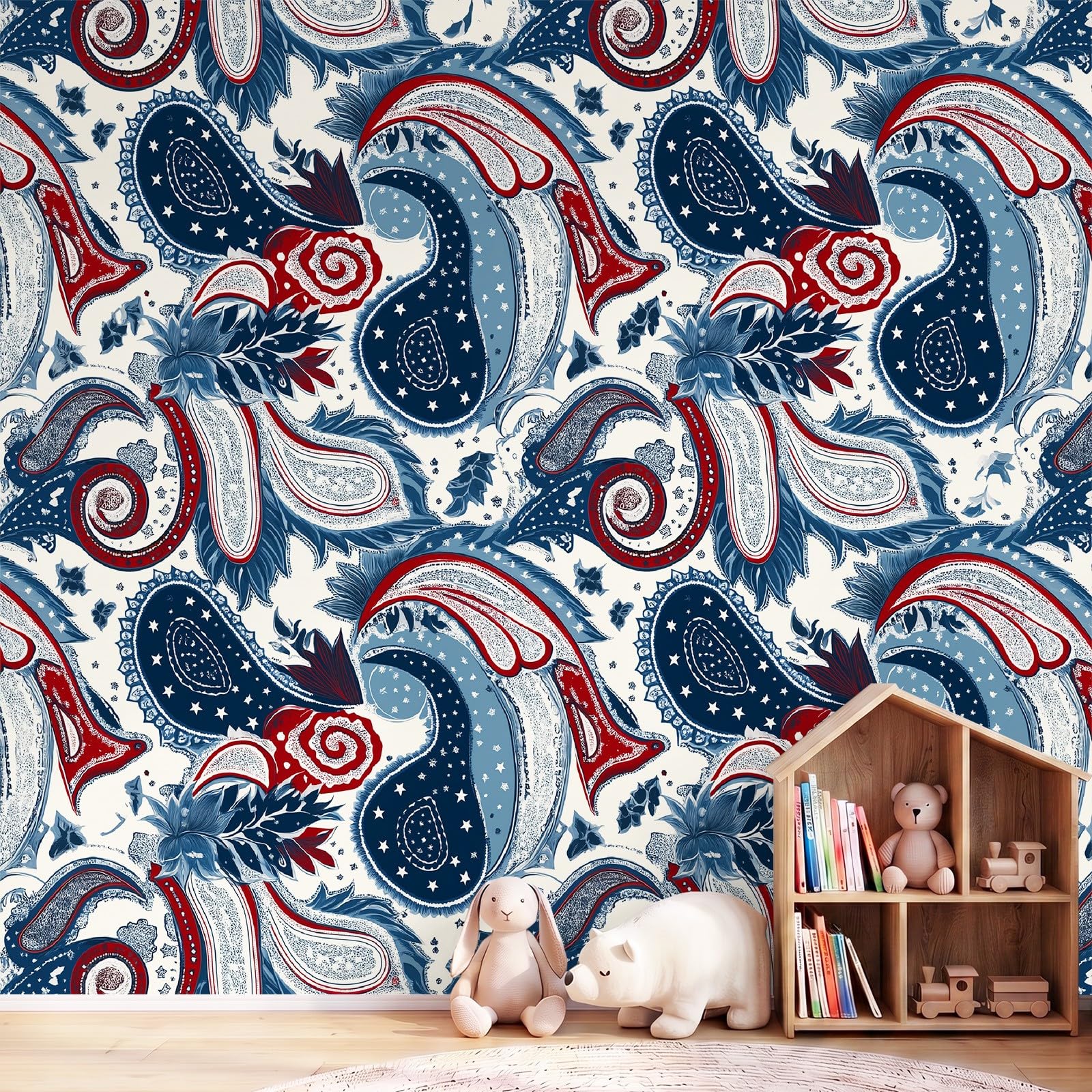Tapeta na flizelinie w stylu vintage, boho, obraz ścienny, 260 g/m², jakość premium, 250 x 175 cm, tapeta ścienna, Paisley, etno, ornamenty, dekoracja ścienna do sypialni, salonu, jasnoniebieska