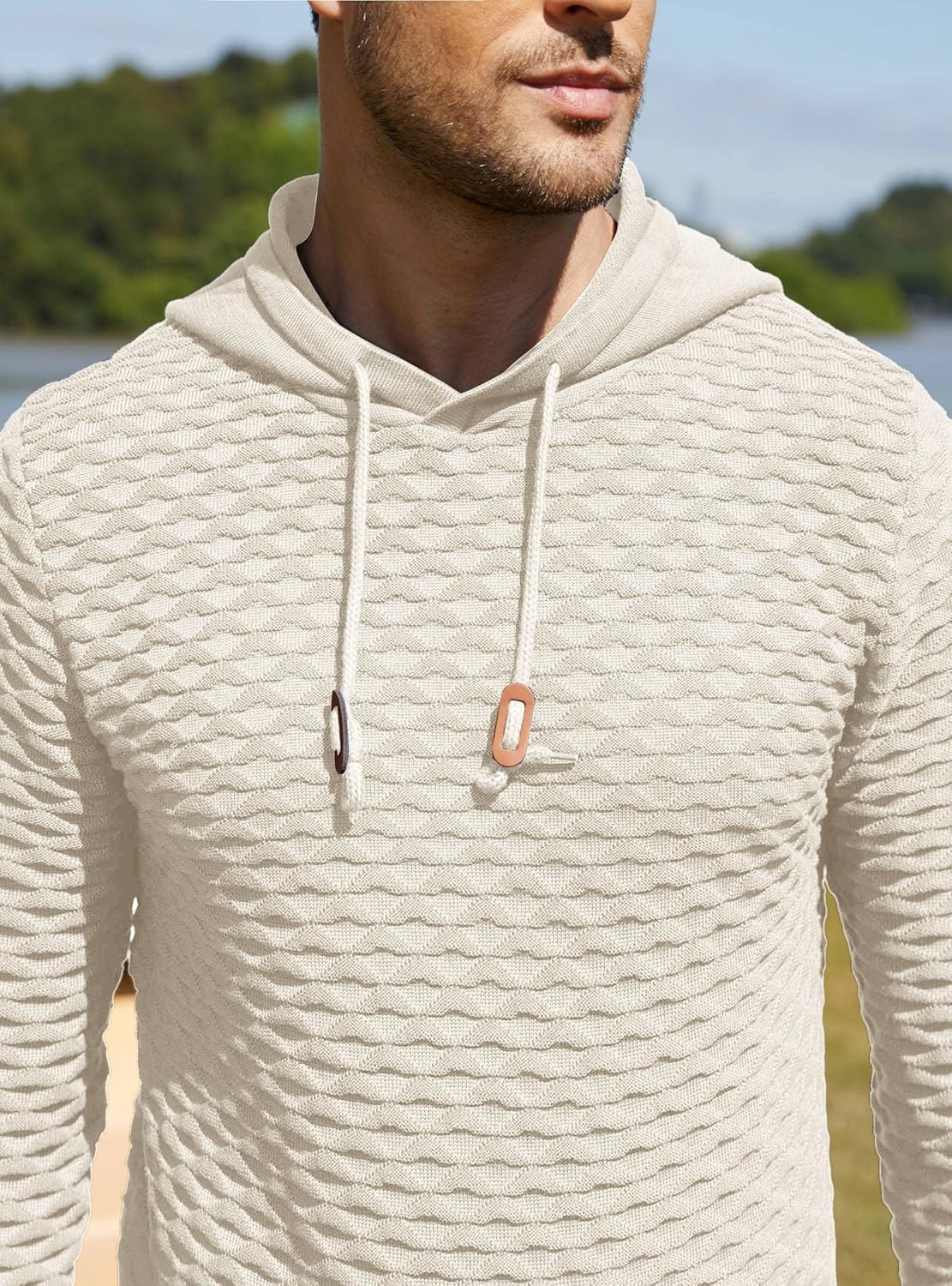 Men's Waffle-Knit Hooded Pullover Sweater Solid Color Hoodie with Adjustable Drawstrings & Leather Tag - Image 6