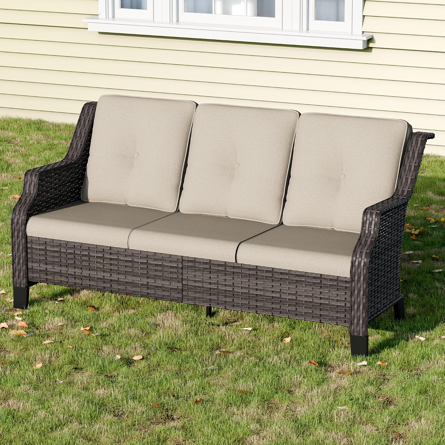 Outdoor Patio Sofa Wicker 3 Seater Sofa, Rattan Couch with Deep Seat and Olefin Cushions, High Backrest, All-Weather for Balcony, Deck, Backyard