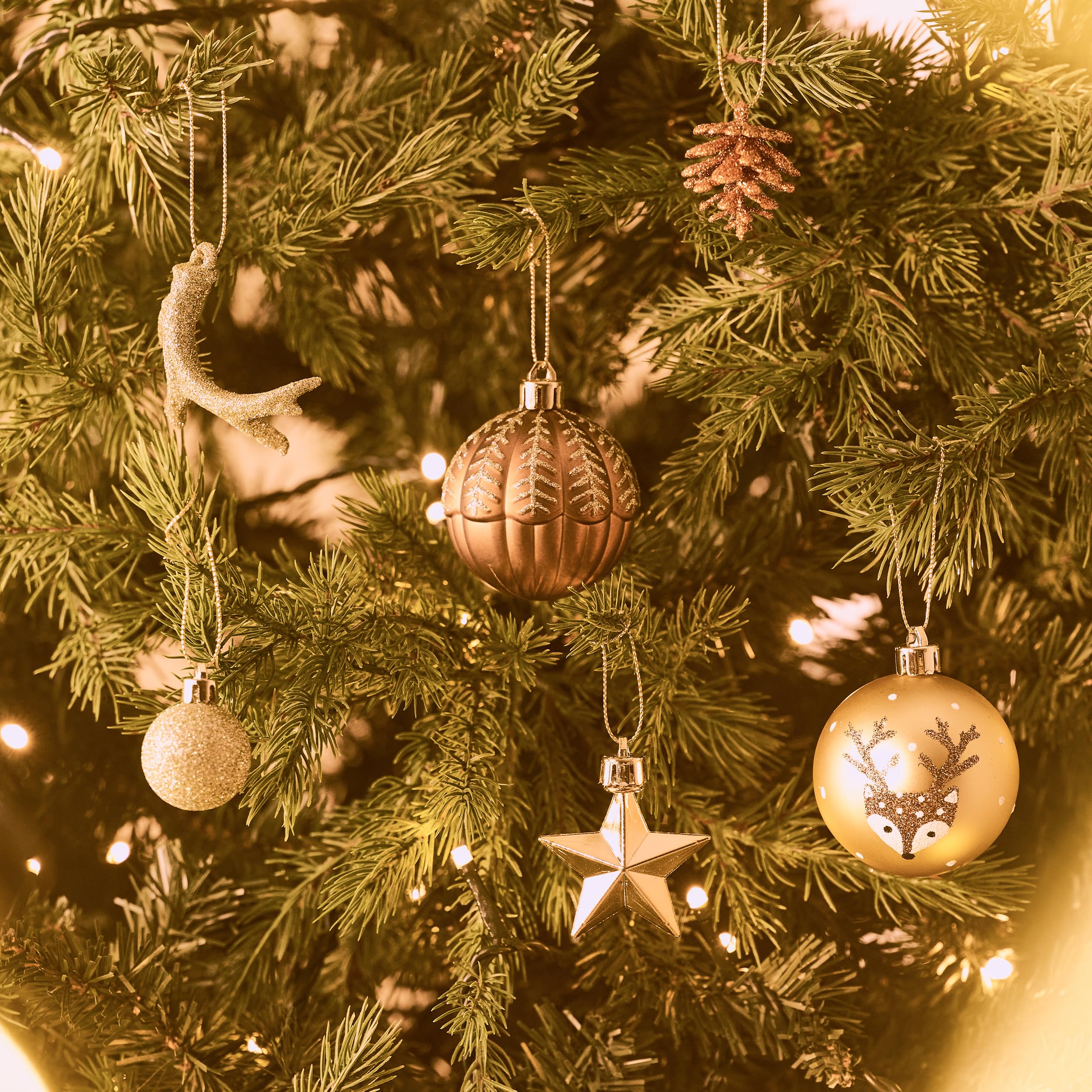 Valery Madelyn Lot de 60 boules de Noël - Décoration de Noël - En plastique - Bronze - Vert - Avec crochet de suspension - Thème forêt (M)