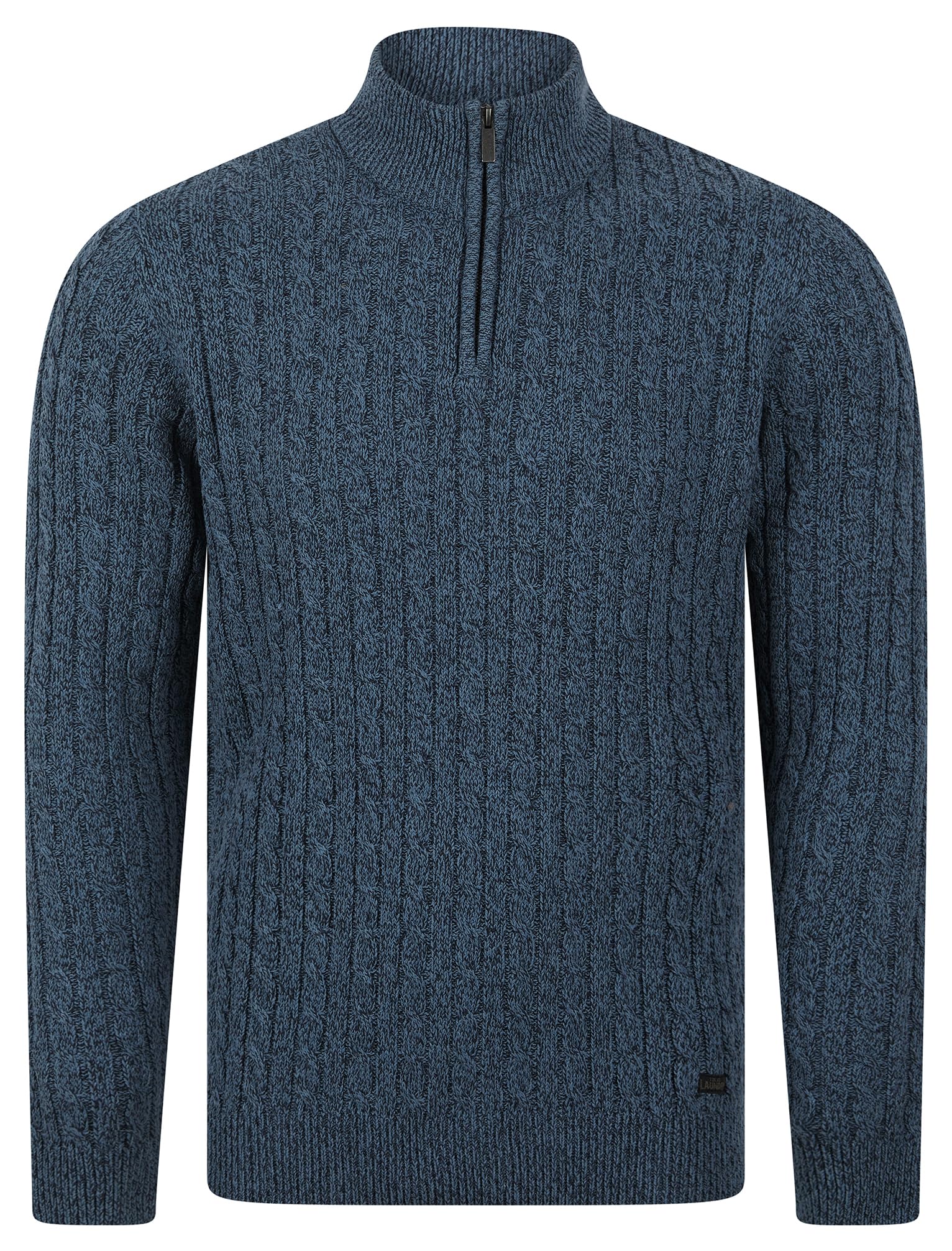 Tokyo Laundry Men's Denim Twist 'Darren' Recycled Cotton Chunky Cable Knit Quarter Zip Funnel Neck Jumper