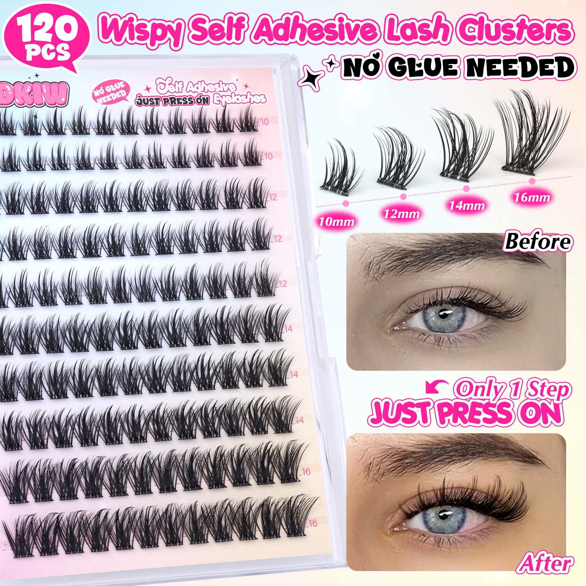 Self Adhesive Eyelashes Wispy Self Adhesive Lash Clusters Natural Lashes Clusters Pre Glued Eyelash Clusters C Curl Cluster Eyelash Extensions Press on Lashes No Glue Needed Reusable 10-16mm