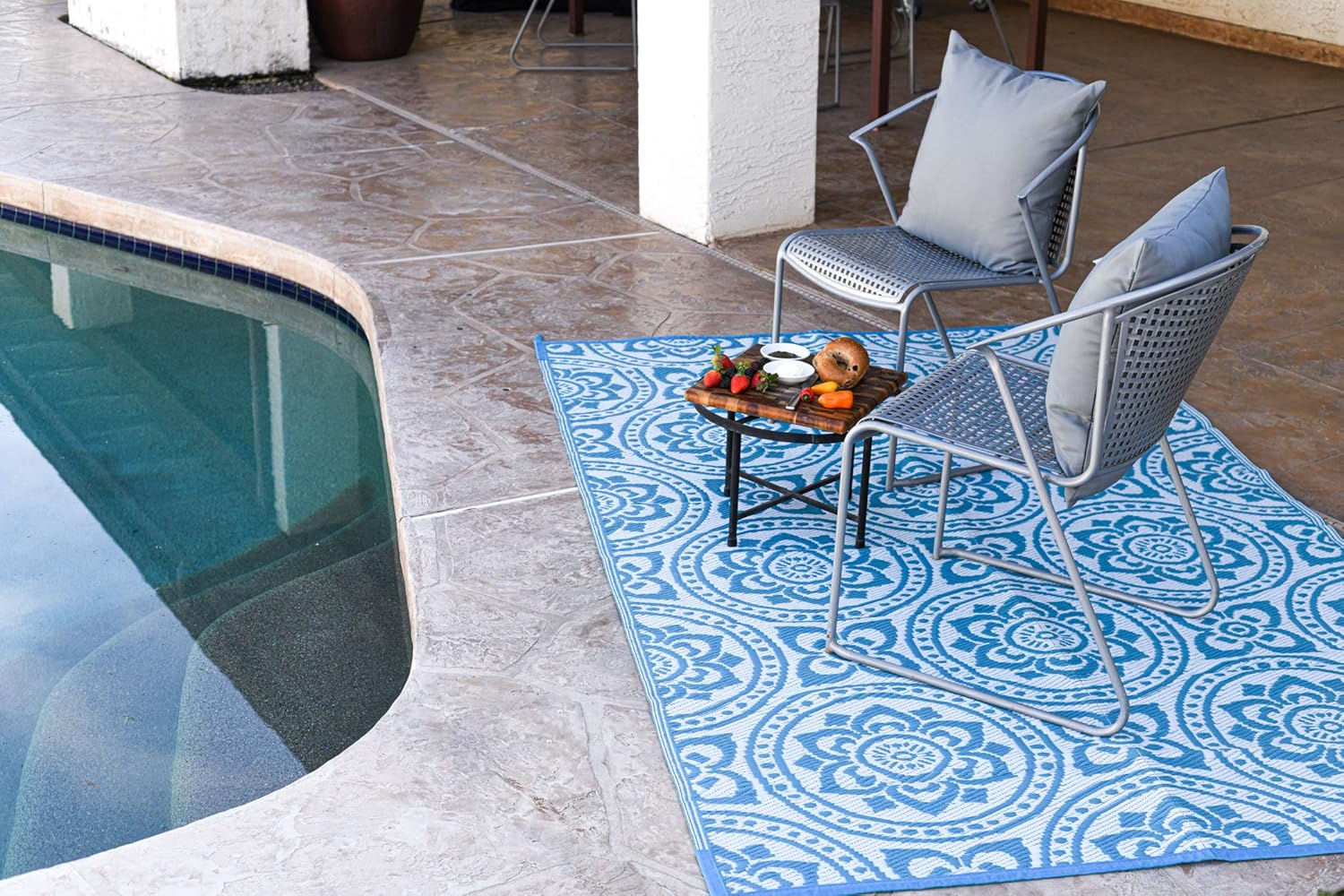 Reversible Mats Outdoor Patio Mat – Virgin Polypropylene - Easy to Clean – Perfect for Picnics, Cookouts, Camping, The Beach, and Patio (Boho Design) (8-Feet x 10-Feet, Turquoise/White)