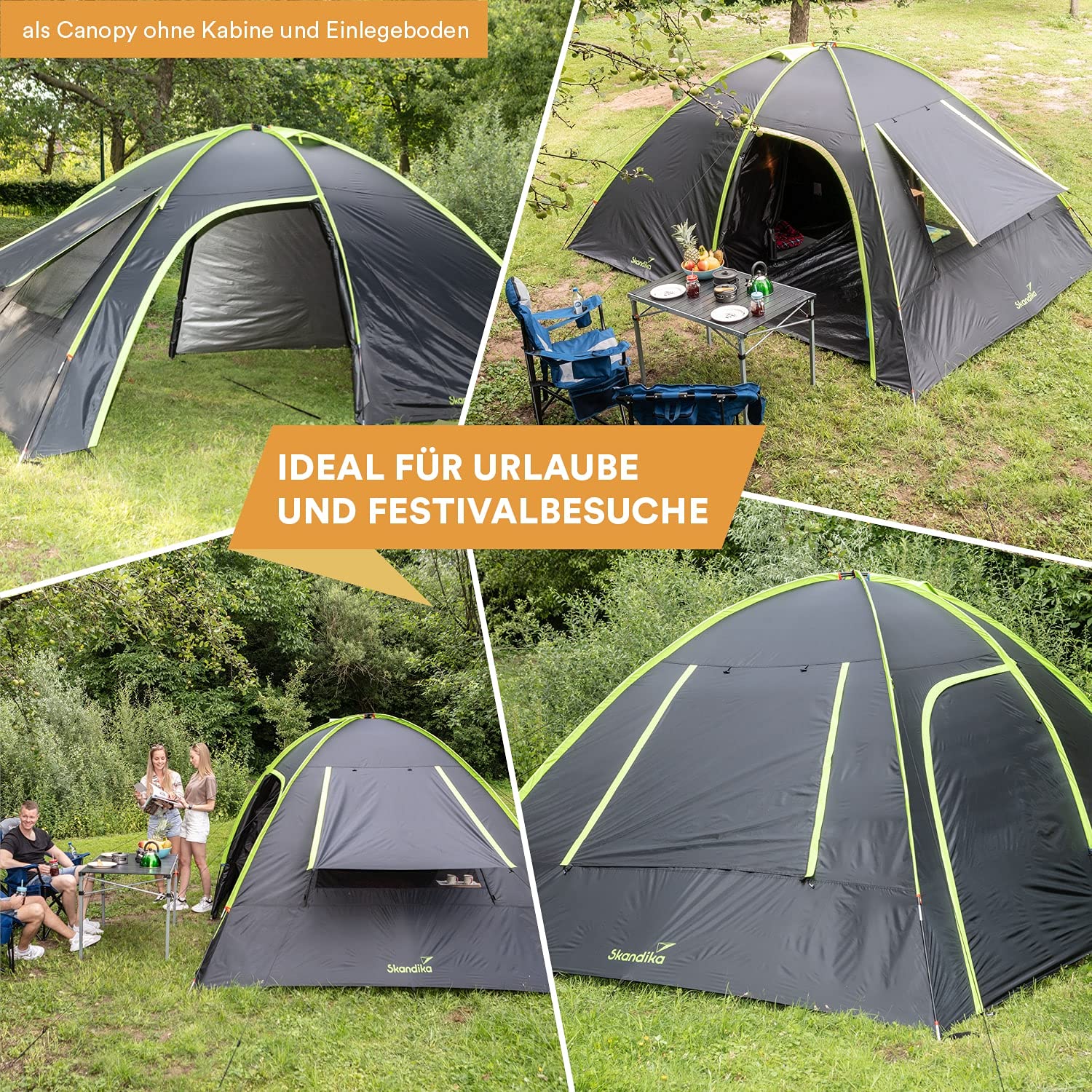 Skandika Zelt 4 Personen Vaasa | Campingzelt, Festivalzelt, wasserdicht, 3000 mm Wassersäule, Silberbeschichtung, 2 Eingänge, dunkle Kabine, 195 cm Stehhöhe | Kuppelzelt für Camping, Festival, Urlaub