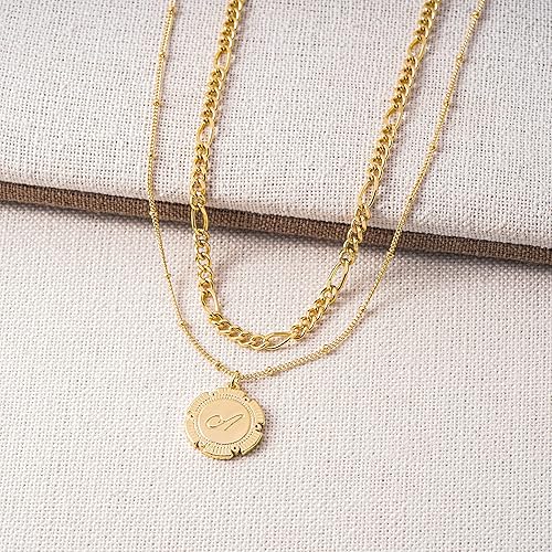 Miniatura 4 de Fettero Gold Layered Initial Necklaces for Women, 14K Gold Plated Retro Circular Letter Dainty Figaro Chain Choker Necklace Personalized Jewelry