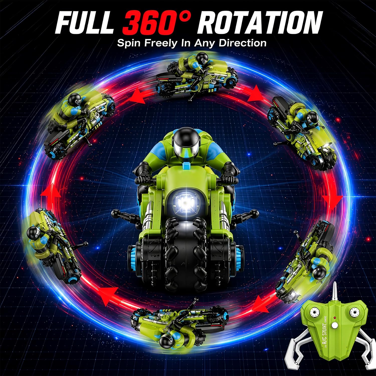 Liberty Imports 2.4Ghz RC Motorcycle Remote Control Stunt Drift Bike Racing Vehicle - 1/10 R/C High Speed Cyclone Motorbike and Riding Figure with 360° Spinning Wheels Action (Green) image 3