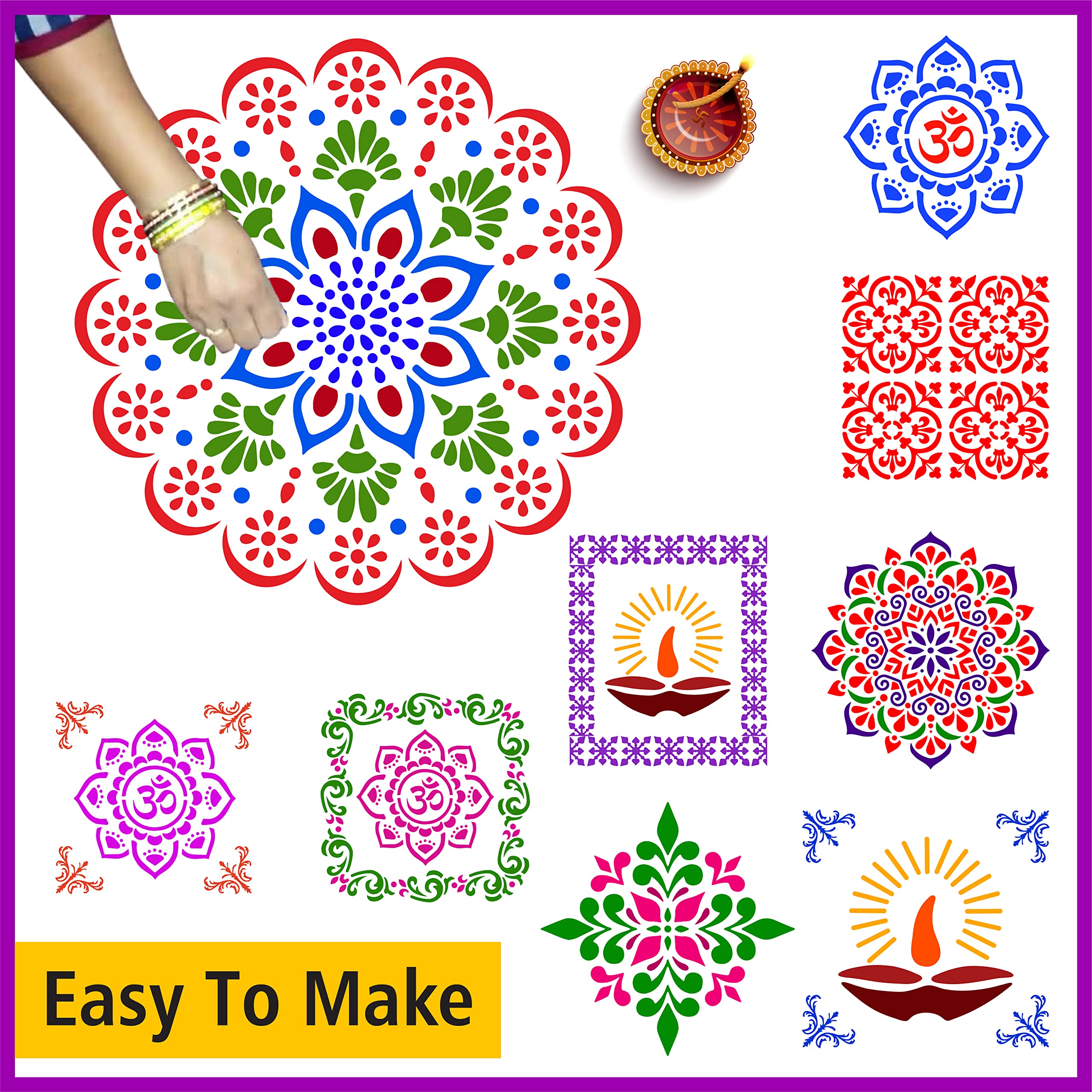 Solobolo Lot de 9 pochoirs Rangoli de grande taille avec 6 couleurs Rangoli | Pochoir Mandala Rangoli | Pochoir Diwali Diya | Pochoir OM Rangoli | Pochoir d'angle et bordure | Lot de 9