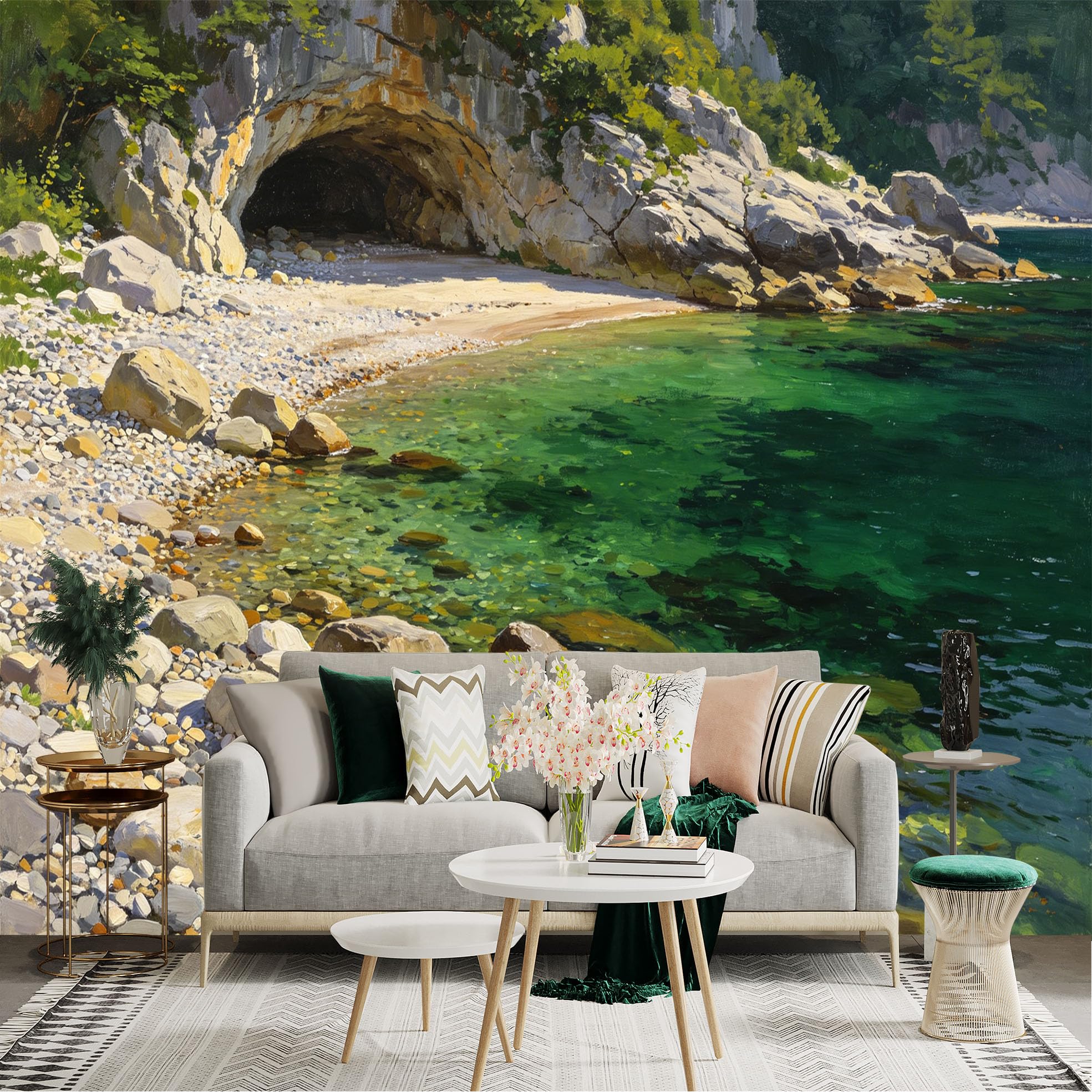 Lnzczhyre Dbh260521518 Custom Size Wall Sticker Mural， Coastal Cave By Crystal Sea， Rocky Pebble Shore， Sunny Seashore Landscape， For Wall Decoration， Peelandstick Wall Decals.