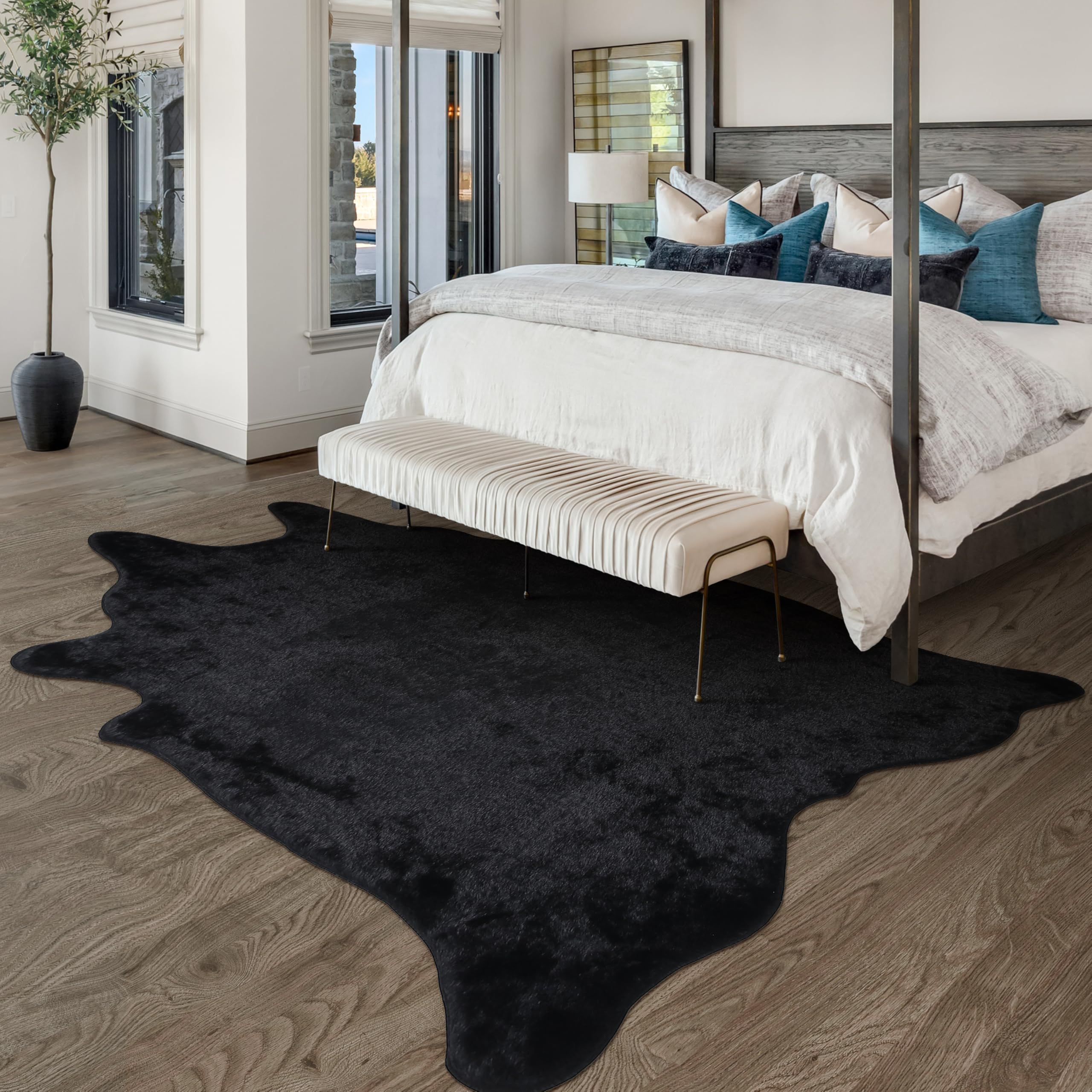 WARM HAVEN Black Faux Fur Cowhide Rug, Cow Hide Cow Print Rug for Living Room Bedroom 4.6x5.2 Feet - Animal Print Cow Skin Rustic Western