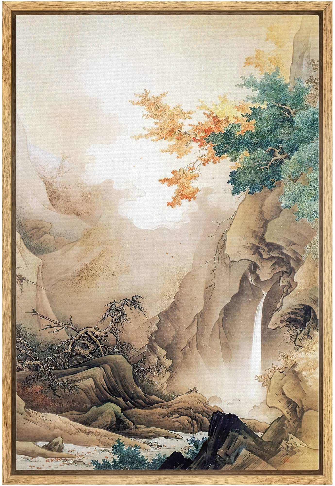 NWT Framed Canvas Print Wall Art Autumn Pastel Forest Waterfall Nature Wilderness Illustrations Modern Art Decorative Landscape Rustic Zen Colorful for Living Room, Bedroom, Office - 24"x36" Natural