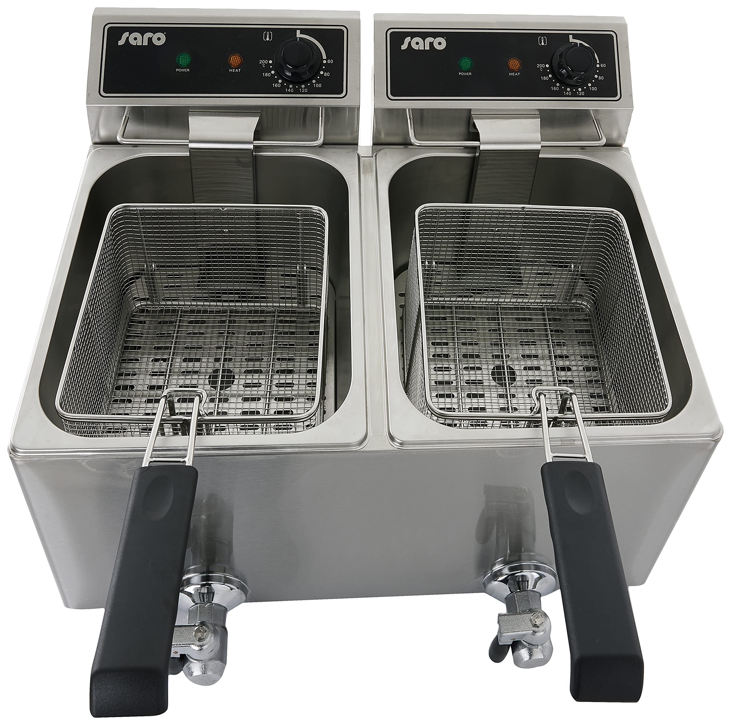SARO EF 88 Freidora con grifo de drenaje, 2 x 8 l, acero inoxidable, recipiente con zona fría, dispositivo térmico extraíble, termostato de seguridad, 2 x 3 kW