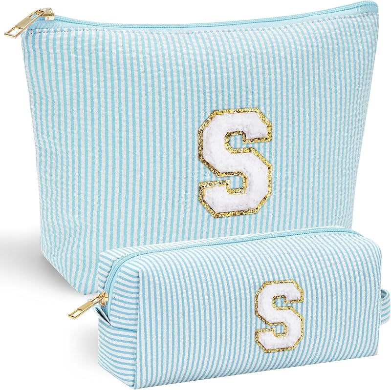 Necessaire de maquiagem YOOLIFE com inicial personalizada, lona, zíper, verde-claro