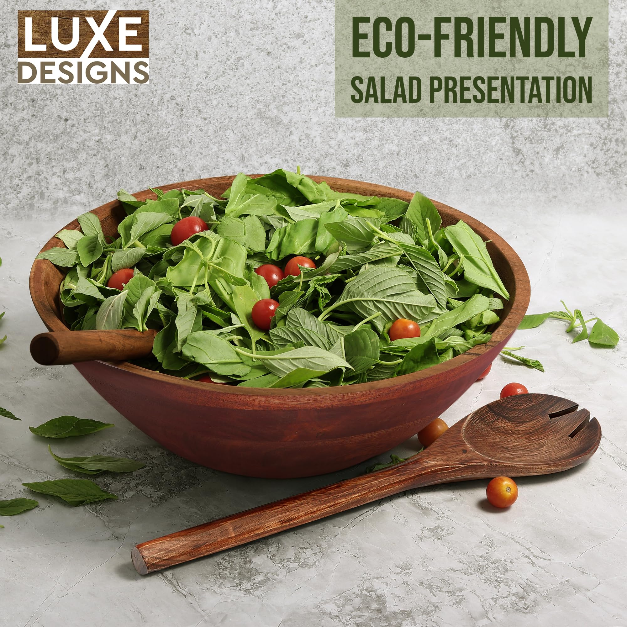 Luxe Designs Juego de ensaladeras de madera, cuenco decorativo seguro para alimentos y sostenible, cuenco de madera para frutas y ensaladas, juego de cuencos grandes fáciles de limpiar con cuchara,