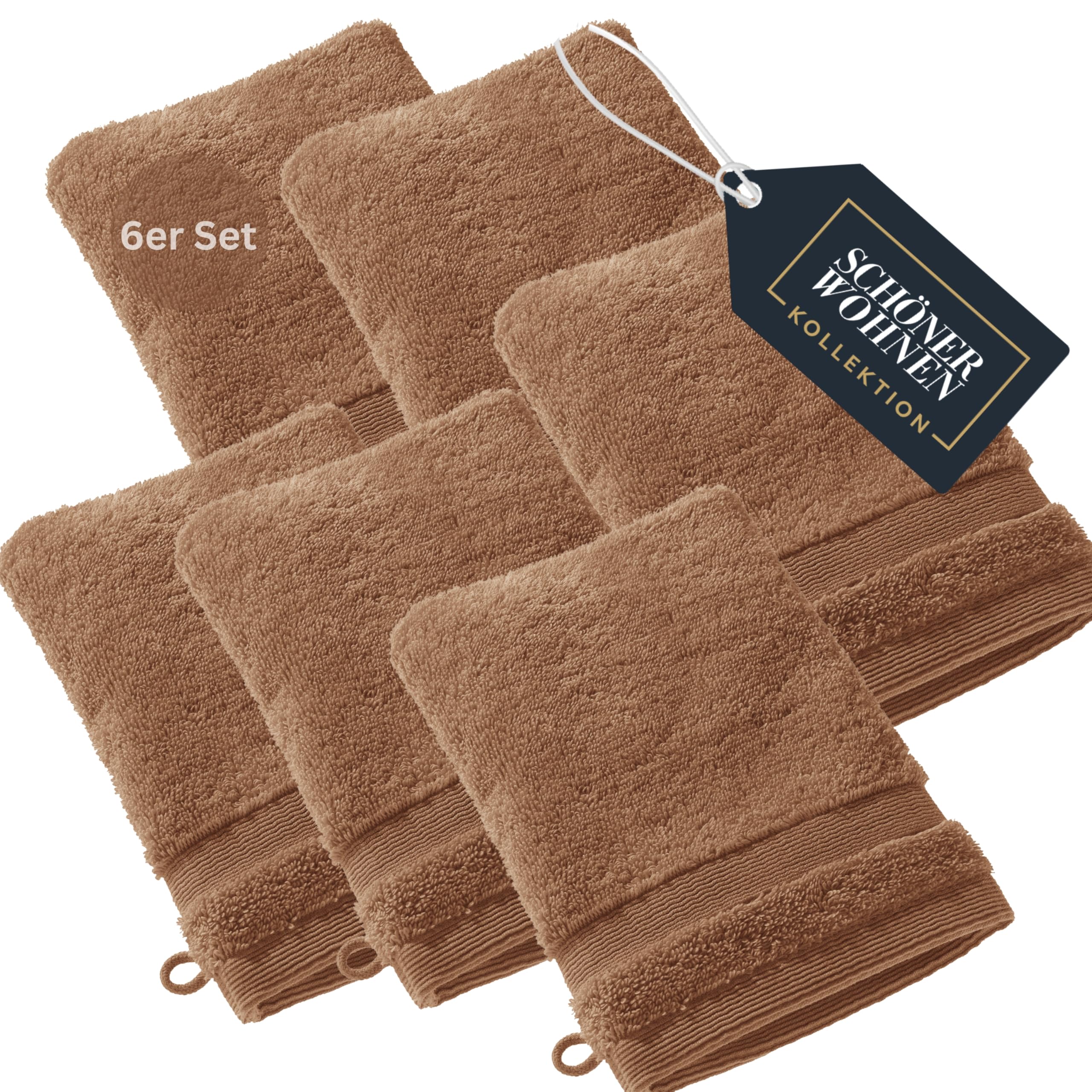 SCHÖNER WOHNEN 6er Set Premium Frottee Waschhandschuh Baby 16x21 - saugstark 500g/m² - Luxus Waschlappen braun - 100% Baumwolle - flauschig für Kinder Körper - Handtuch-Set kombinierbar - Öko-Tex