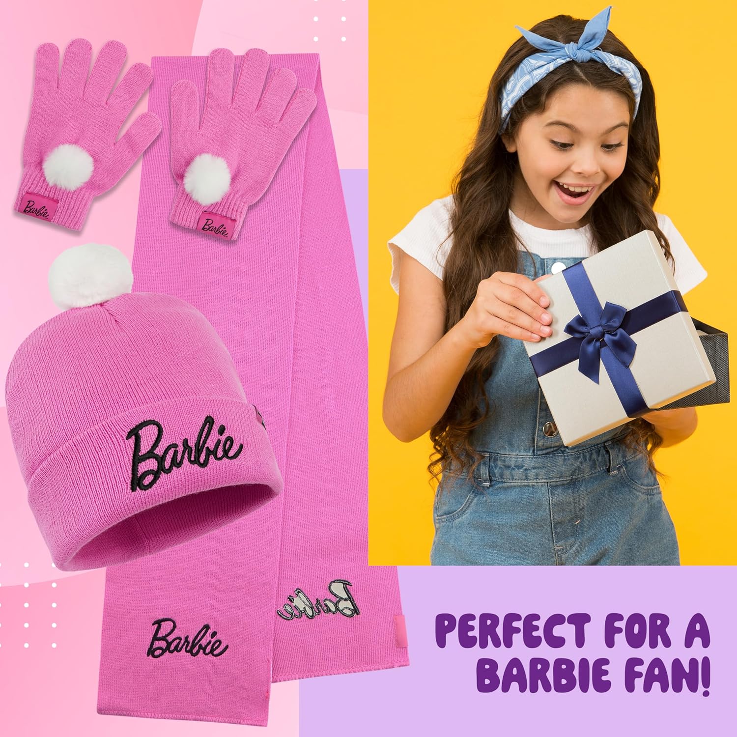 Barbie Girls Beanie Hat Scarf Gloves Set Winter Accessories Set - Gift for Girls - Image 3
