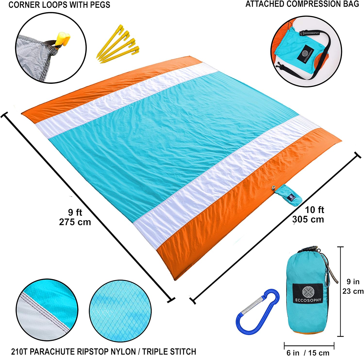 ECCOSOPHY Sandproof Beach Blanket - Oversized Sand Free Beach Mat 9'x10' - Lightweight Outdoor Picnic Blanket Anchored with 4 Corner Sand Pockets & Plastic Stakes - Heat Proof, Quick Drying & Compact - Image 2