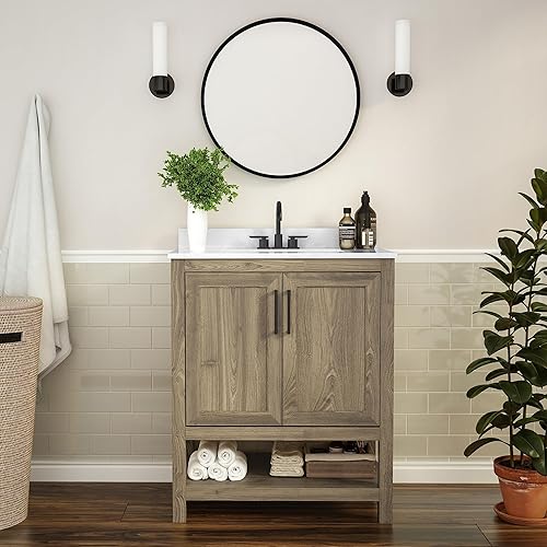 Flash Furniture Vega - Juego de tocador de baño de 30 pulgadas con lavabo, armario de almacenamiento con puertas de cierre suave y estante abierto,