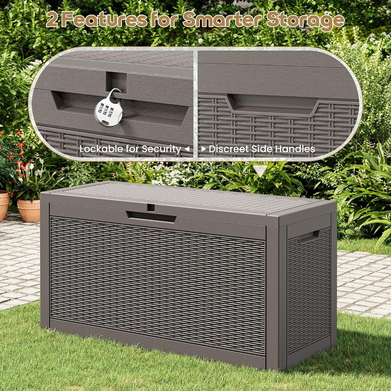 Baulera Exterior Impermeable 130L para Almacenaje Terraza, Ratán Gris