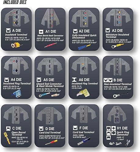 Miniatura 4 de Juego de crimpadoras de terminales de trinquete intercambiables, 12 juegos de matrices con pelacables (aislados, no aislados, barril abierto)