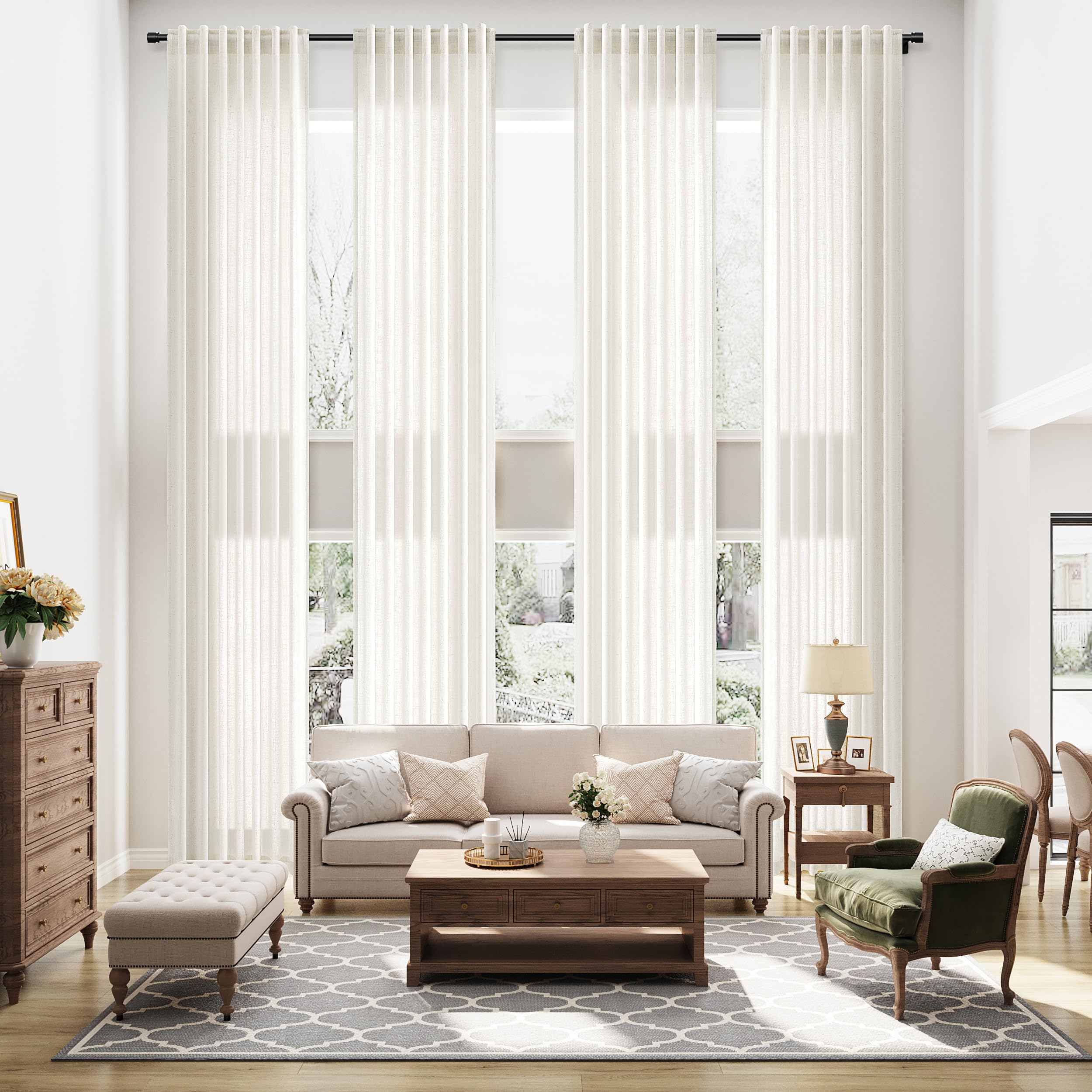 Photo 1 of 132 Inch Linen Curtains for High Ceiling Living Room Extra Long Semi Sheer Back Tab Curtain Privacy Light Filtering 2 Story Drapes Bedroom Hotel Loft Tall Window 11FT 1 Panel Natural Cream W52XL132