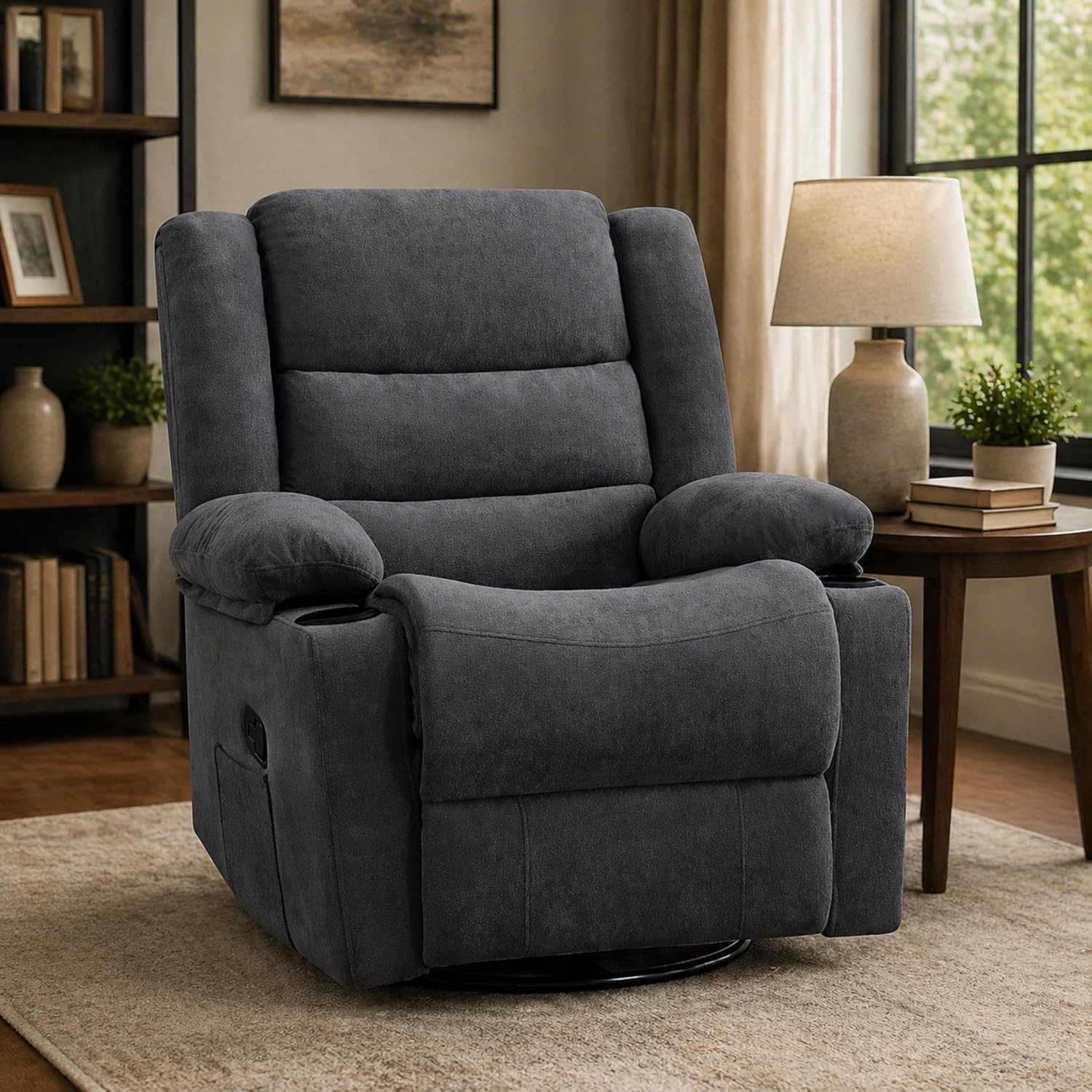 Recliner Chair,360°Swivel Rocking Chairs for Adult,Nursery Chair,Recliner with Side Pockets and Cup Holders,Rocker Recliner with a Suitable for Living Rooms,Bedrooms,Grey