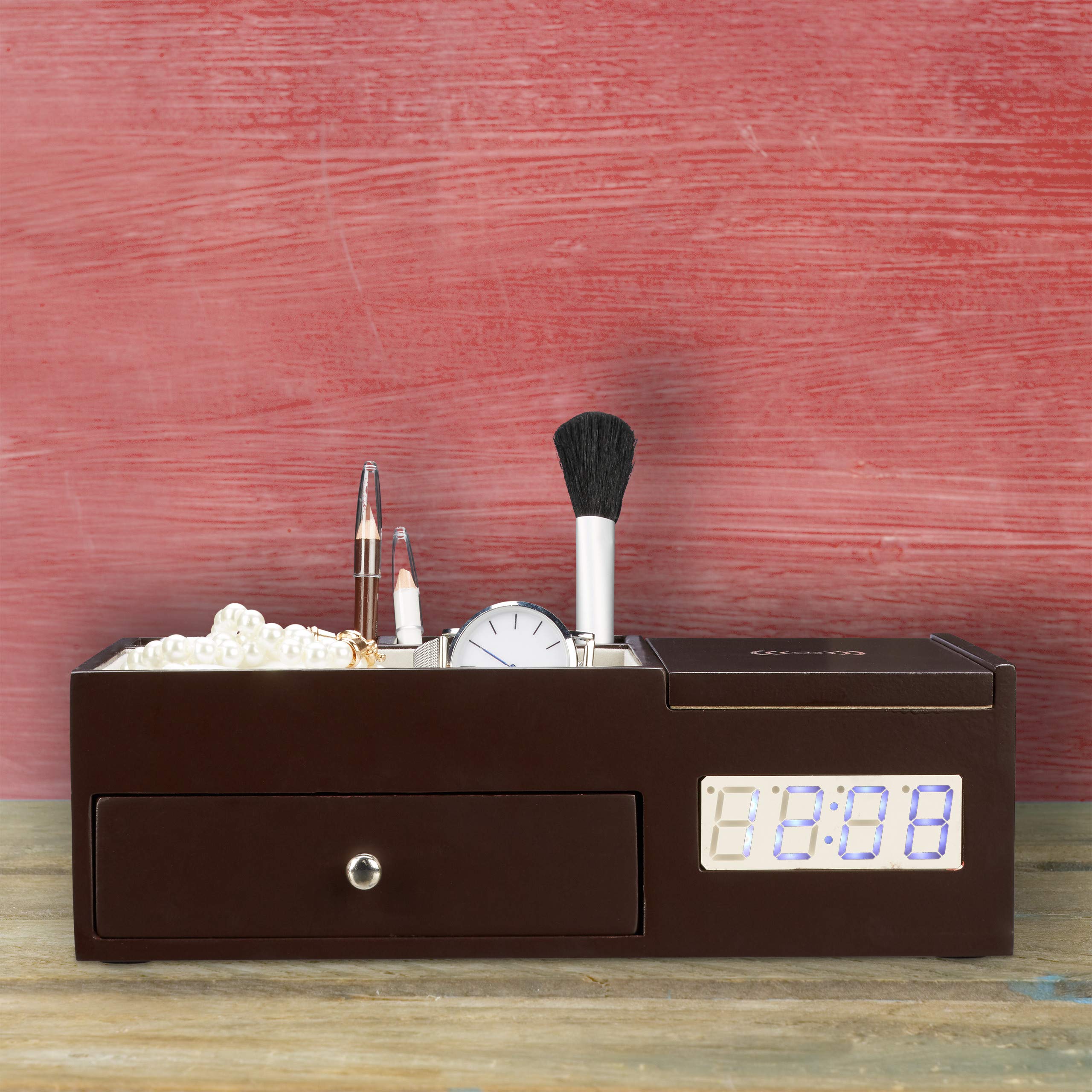 Relaxdays Chargeur Induction avec Organisateur de Rangement et Montre Fonction réveil, Chargement sans Fil, Dimensions 8 x 26 x 18 cm, Expresso