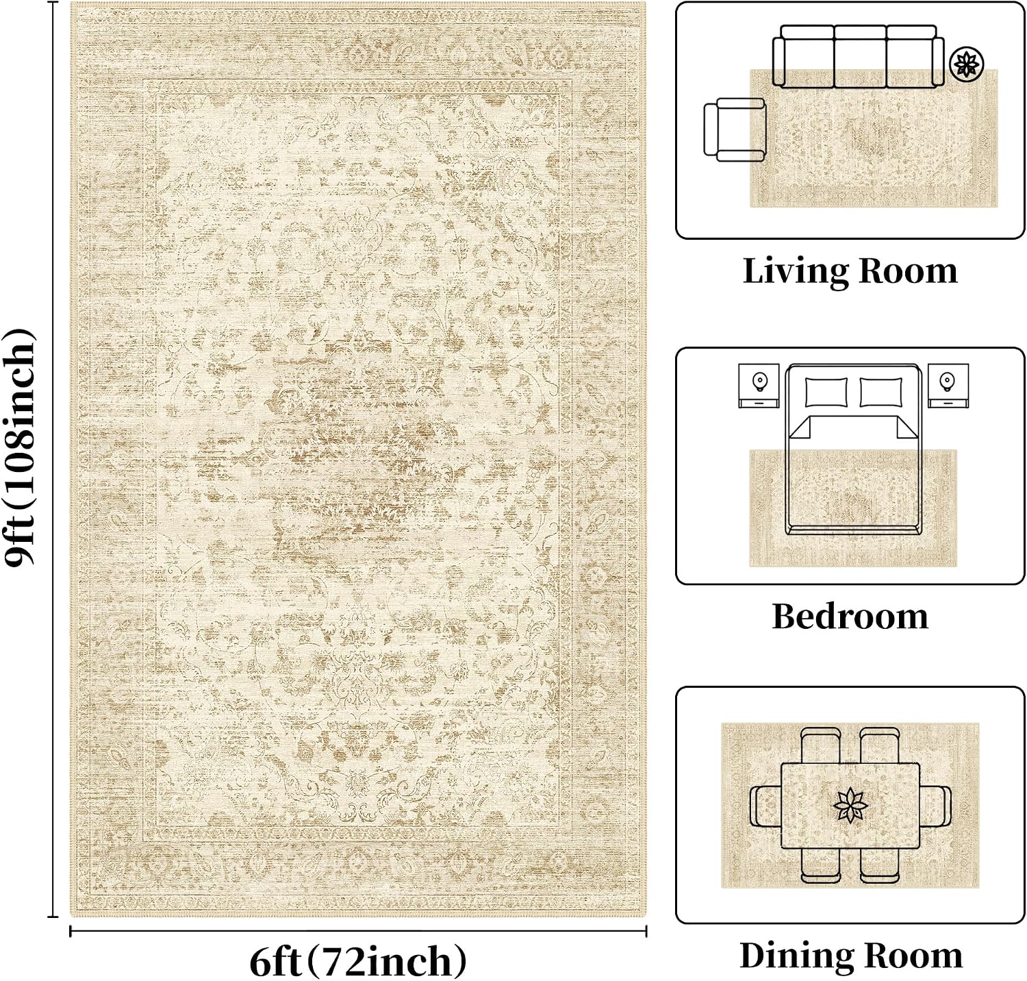 Beige Washable Rug 6x9, Non Slip Vintage Area Rug for Bedroom, Living Room image 2