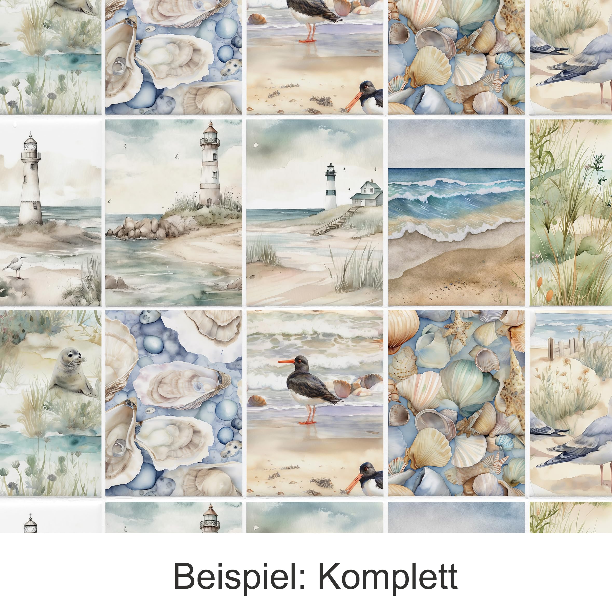 GRAZDesign Fliesenaufkleber Bad & Küche, maritim Strand mit Möwen Watercolor, Klebefliesen selbstklebend - 20x25cm / 30 Stück