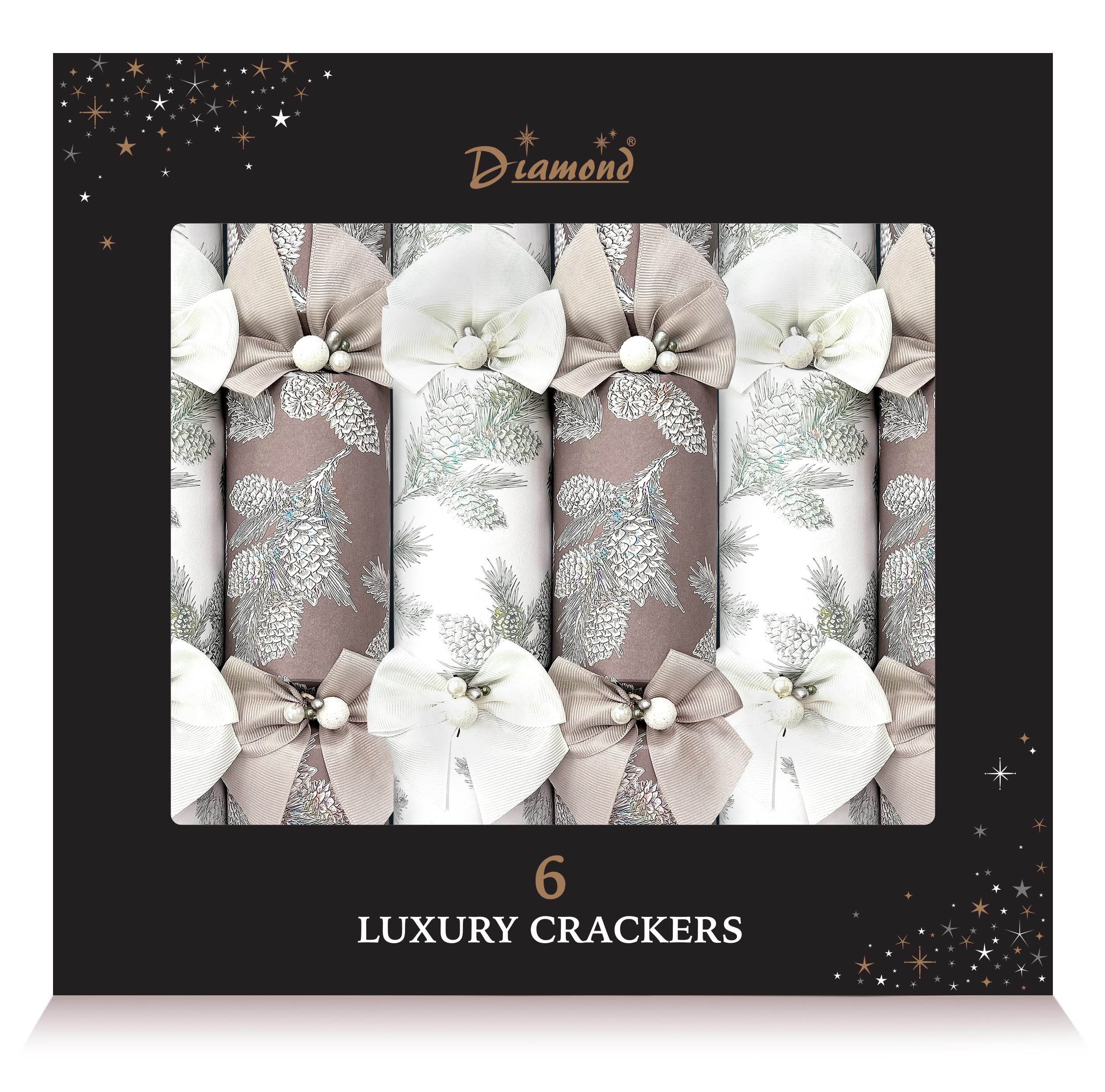 Lux Christmas Crackers Pack 6 x 14.5in Silver & White Pinecone with Supreme contents + 8pcs of party photo booth props - By Diamond Brand