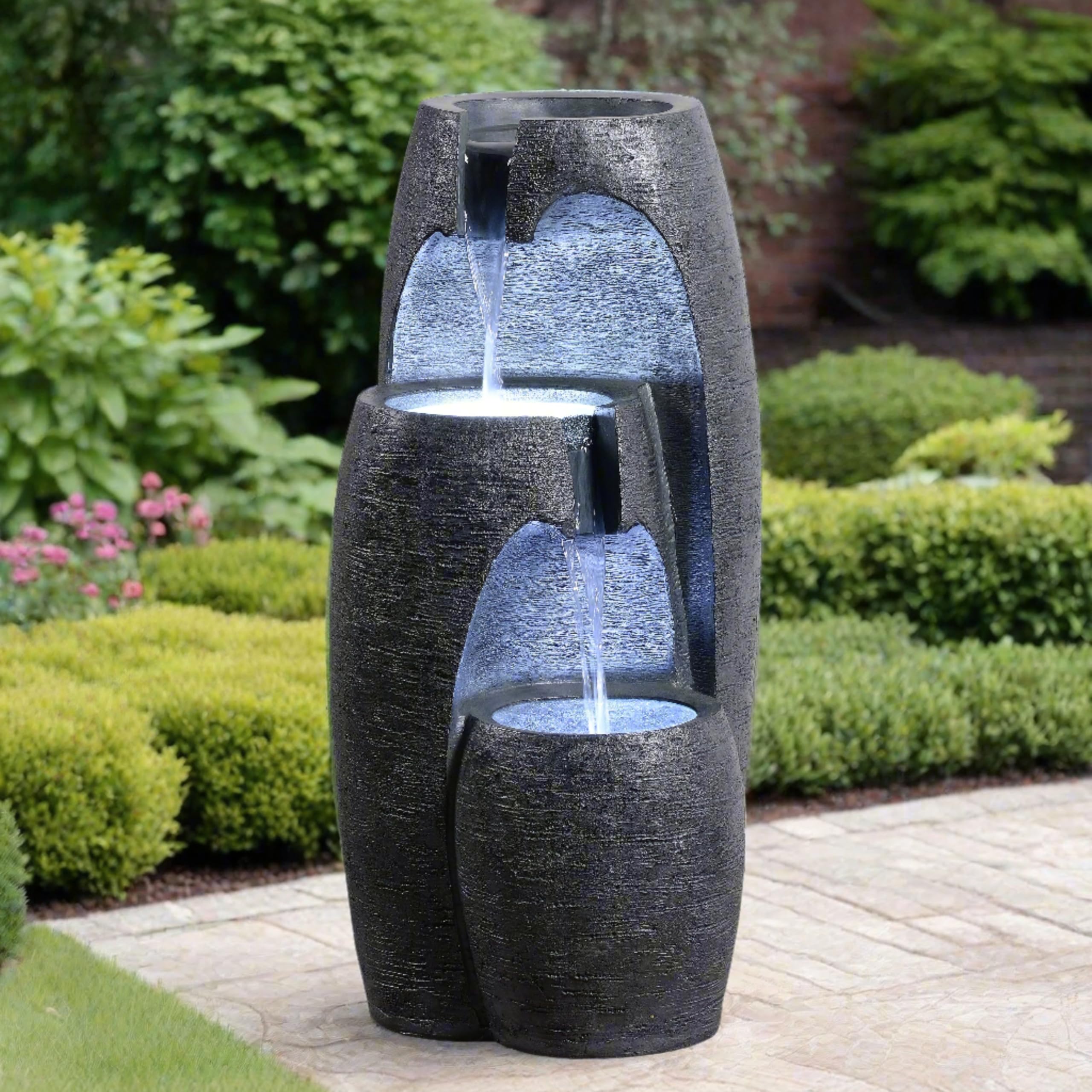 Teamson Home Garten Outdoor Brunnen Moderner 3-stufiger Kaskaden-Urnenbrunnen mit LED-Lichtern, Einstellbarer Fluss, schwarzes Steinoptik-Finish