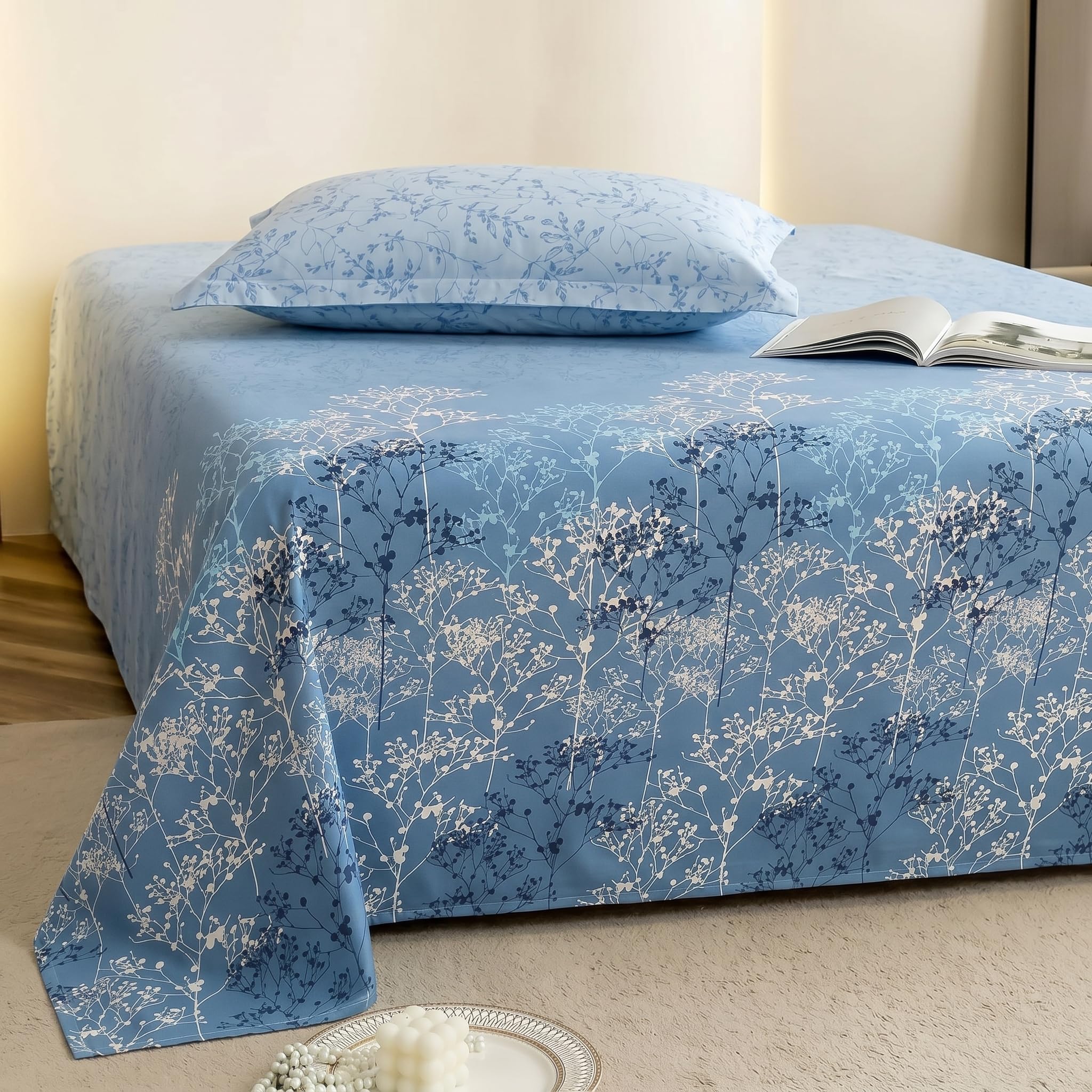 Mafatlal Autumn Delight 186 TC Cotton Single Bedsheet | 60 x 90 Inches | Lightweight Floral Bedsheet for Daily Use | Breathable Summer Flat Sheet with 1 Pillow Cover | Blue-picture-20