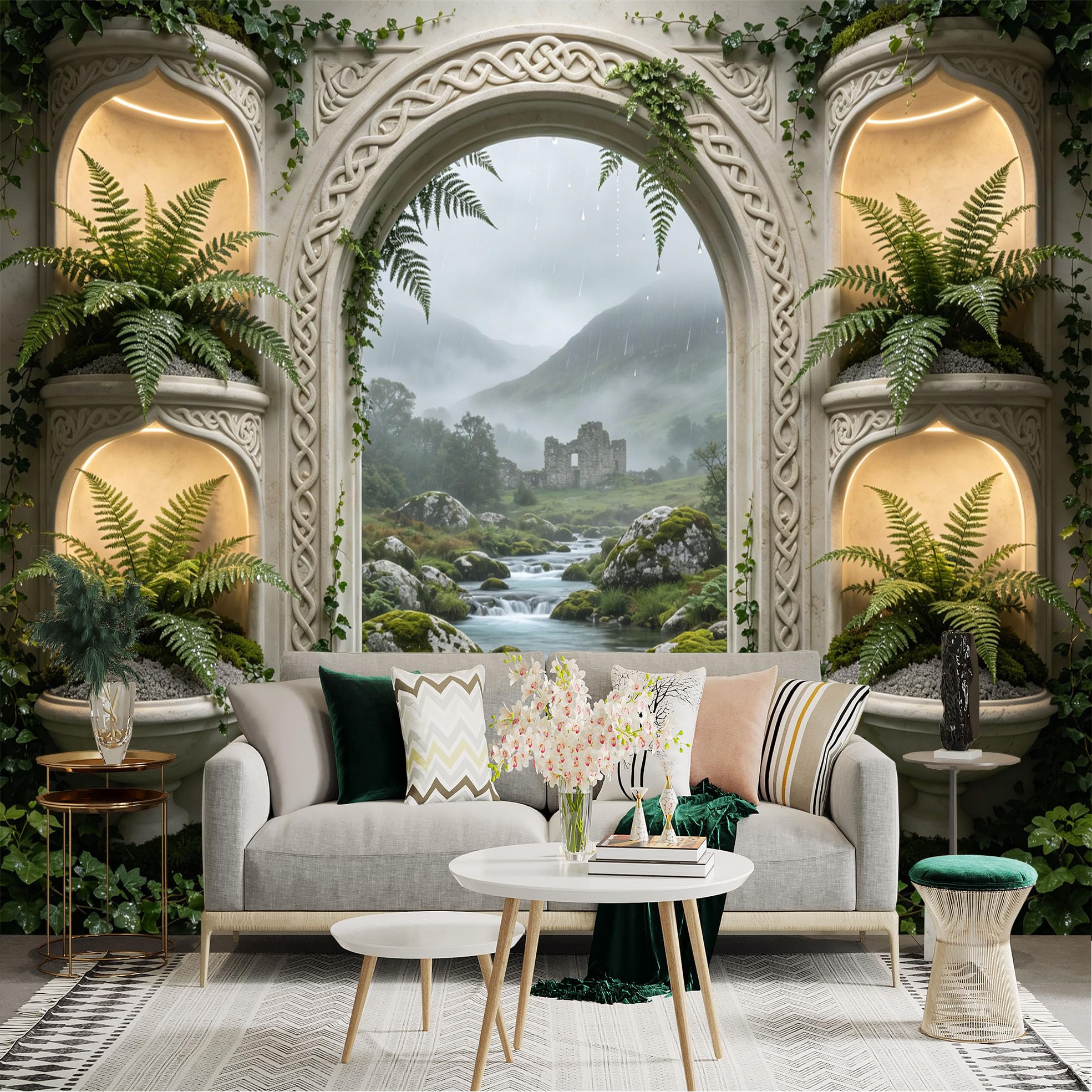 Lnzczhyre Dbh260521394 Custom Size Wall Sticker Mural， Ancient Stone Archway， Misty Highland Stream， Fern Planted Niches， Mossy River Landscape， For Wall Decoration， Peelandstick Wall Decals.