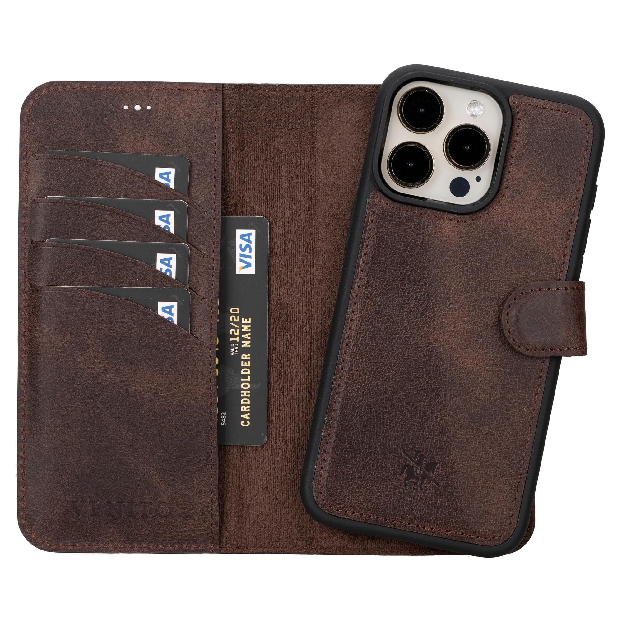 Venito Ravenna – Étui portefeuille fin en cuir magique compatible avec iPhone 15 Pro Max, coque de téléphone amovible (marron café)