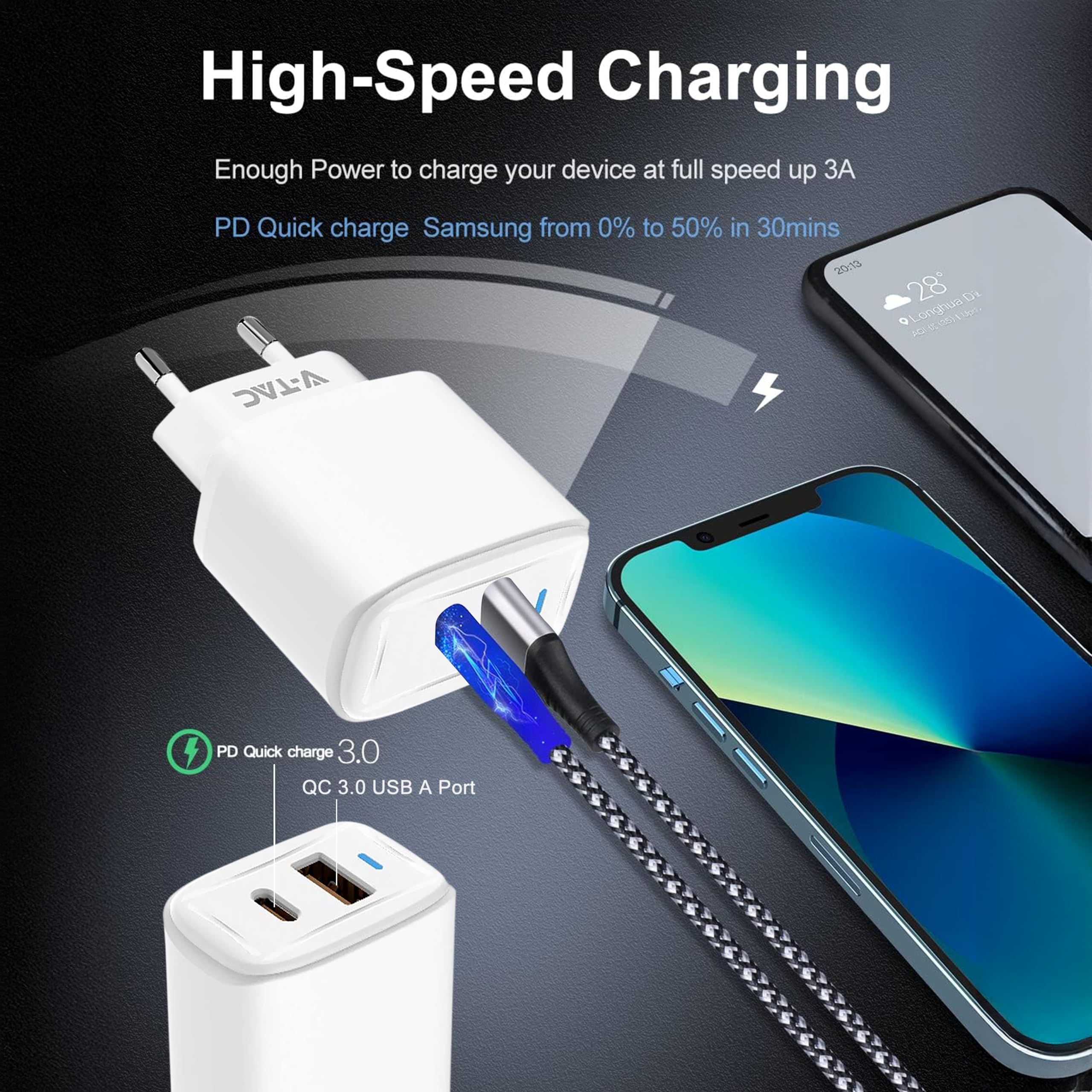 V-TAC Caricatore Rapido USB-C 20W per Iphone e Samsung – [SUPER PICCOLO] - per Smartphone e Dispositivi – 2 Porte: Type C + USB A - Compatibile Iphone 14/15/16/17 PRO/MAX e Galaxy S25 / S26 / A56