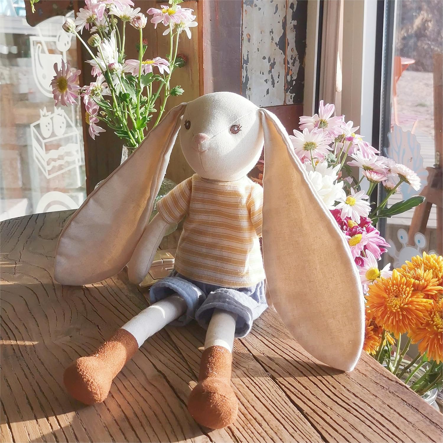 15" Bunny Stuffed Animals for Baby, Plush Toy Doll -Wearing Striped T-Shirt and Pants,Cute Doll Set Dress Up for 3 4 5 Year Old Girl - Gift for Birthday