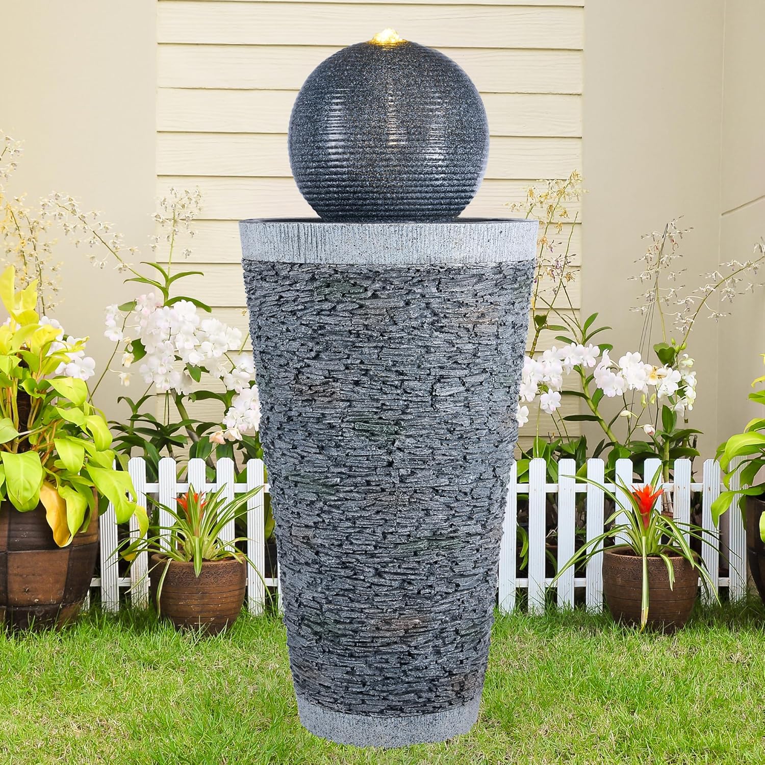HPC Decor Modern Outdoor Sphere Fountain with LED Lighting - 28 Inch Freestanding Water Feature for Patio, Garden, Backyard, Porch, Deck - Relaxing Home Décor Art for Outdoor Spaces