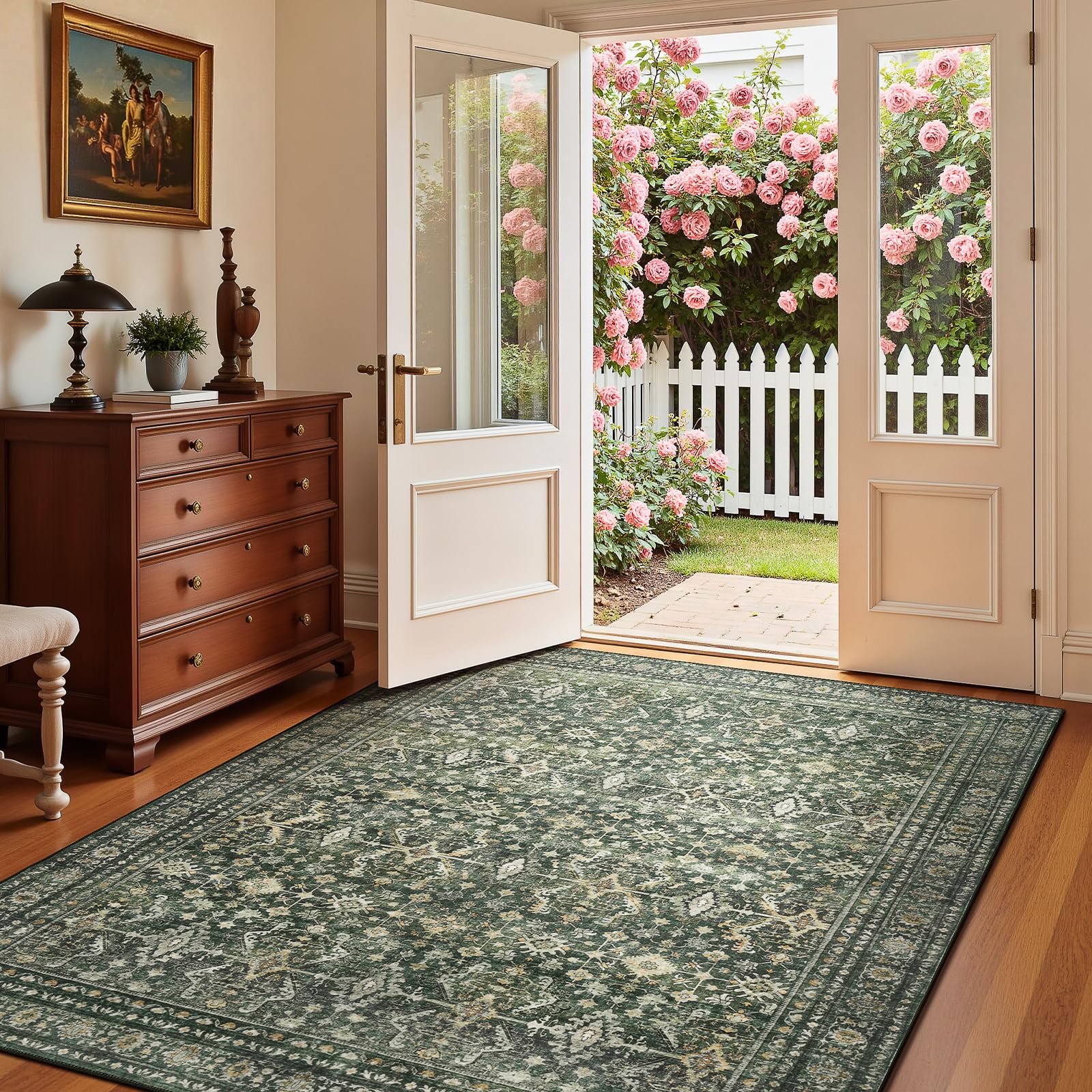 Terven 120x170 cm Rug for Living Room Washable Rugs Vintage Green Carpet