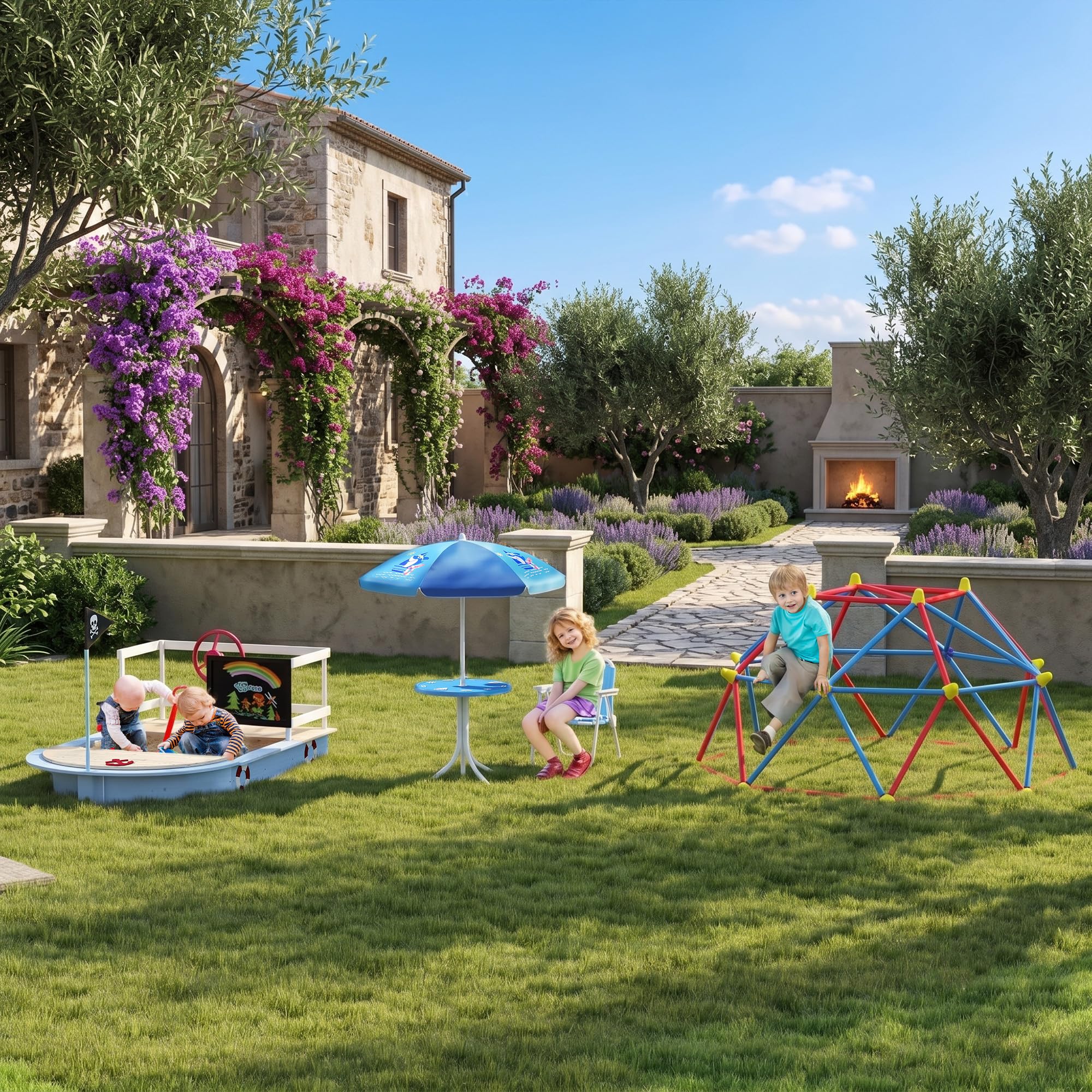 Outsunny Tavolo e Sedie per Bambini da Giardino con Ombrellone Regolabile, Set 4 Pezzi, Blu