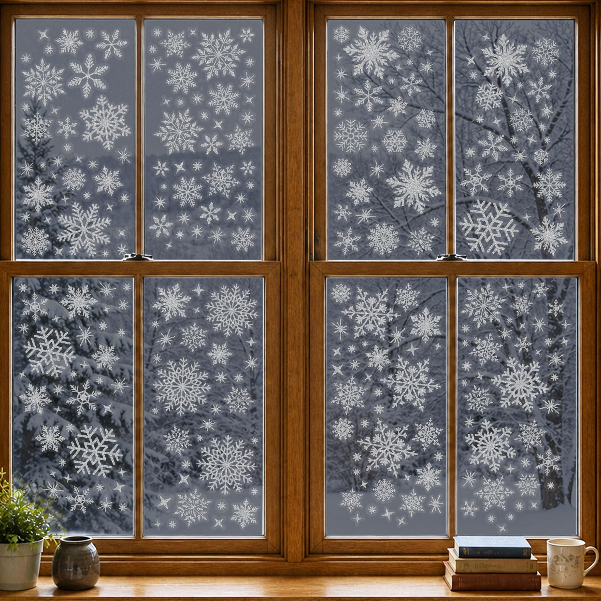 Fun Stickers Gray Christmas Snowflake Window Stickers Over 300Pcs Silver Glitter Design - Removable And Reusable Christmas Window Clings Decoration - Ideal For Xmas Display And Décor