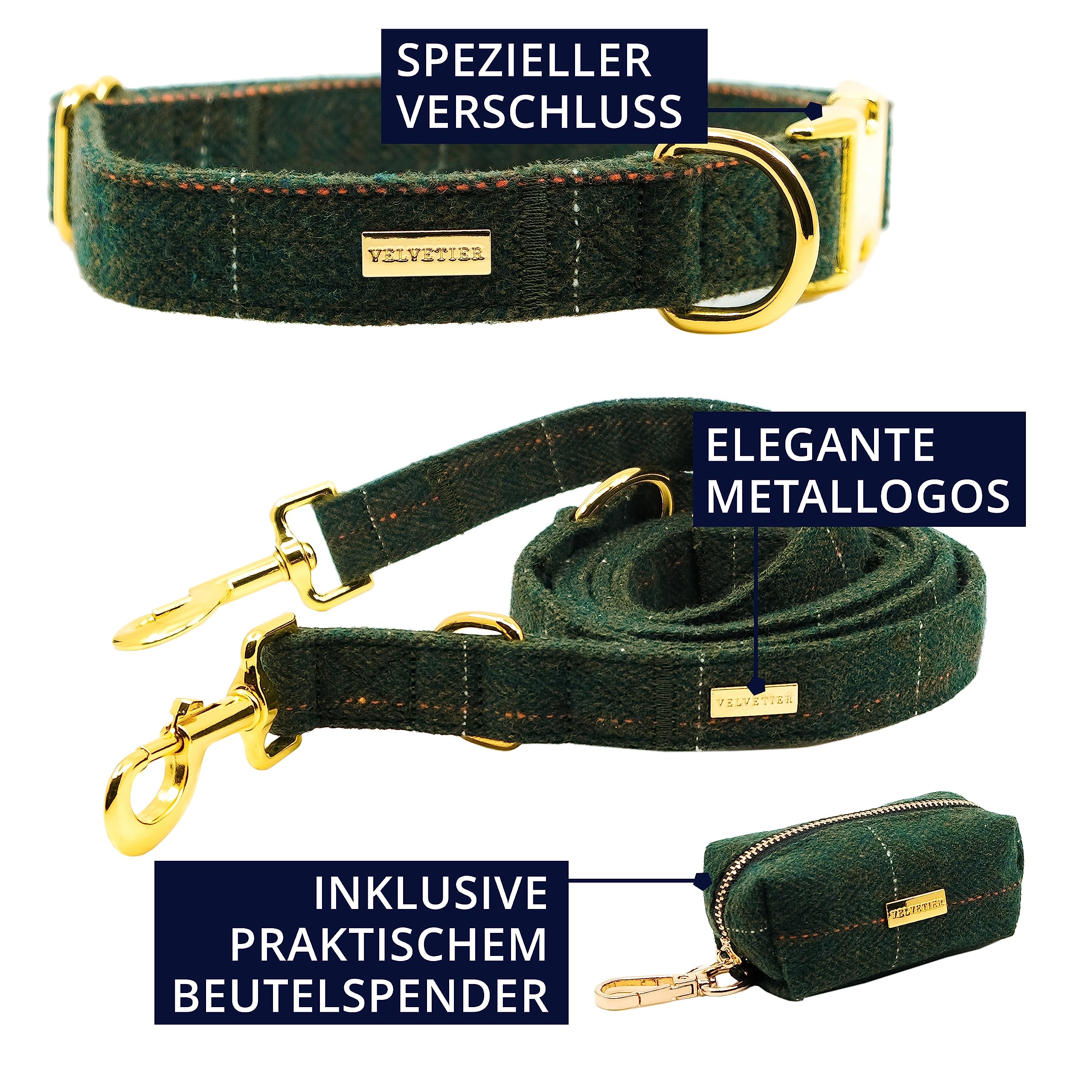 Collar para perro Oxford (Tweed Verde) con correa, M/L 39-59 cm | Dispensador de bolsas de excrementos incluido, herrajes dorados para perros medianos y grandes, labrador, pastor alemán