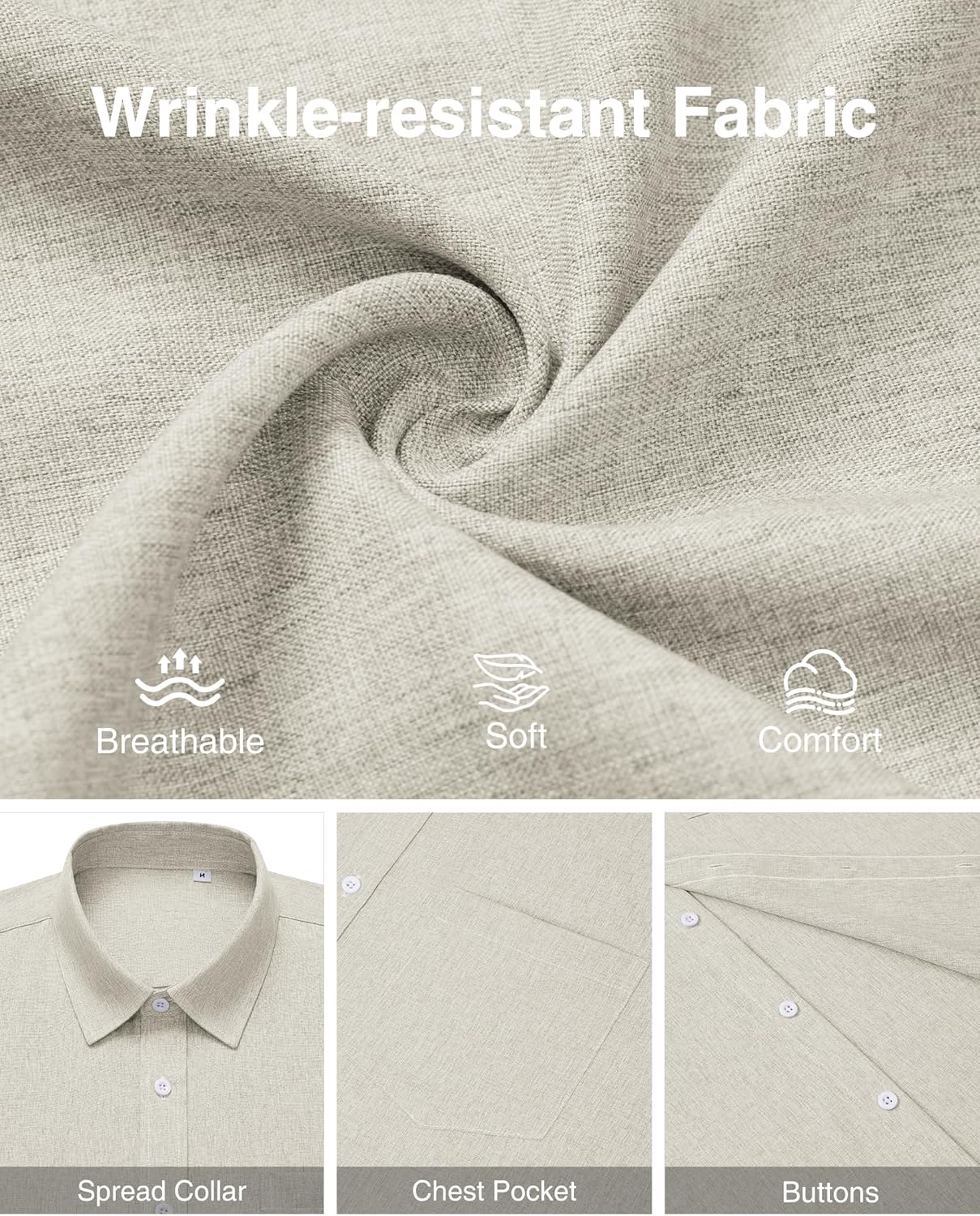 Mens Linen Shirt Short Sleeve Wrinkle Free Casual Untucked Button Down Shirts Beach Breathable Tops Summer - Image 5