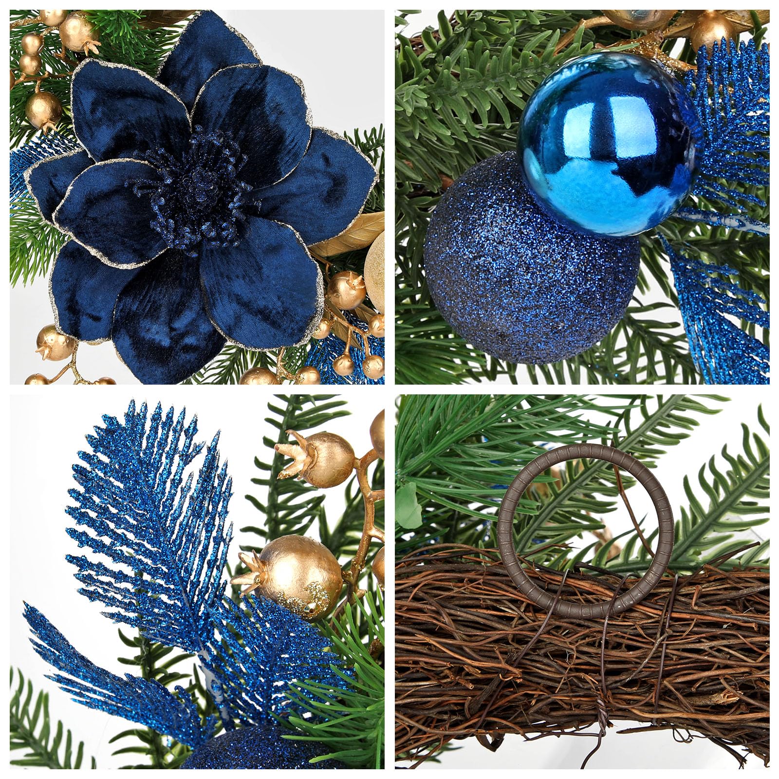 Weihnachtskranz Ø 60,9 cm – Handgefertigte Künstliche Türdekoration mit Kunstblumen, Christbaumkugeln & Tannenzweigen – Luxuriöse Weihnachtsdeko für Innen & Außen, Blau-Gold