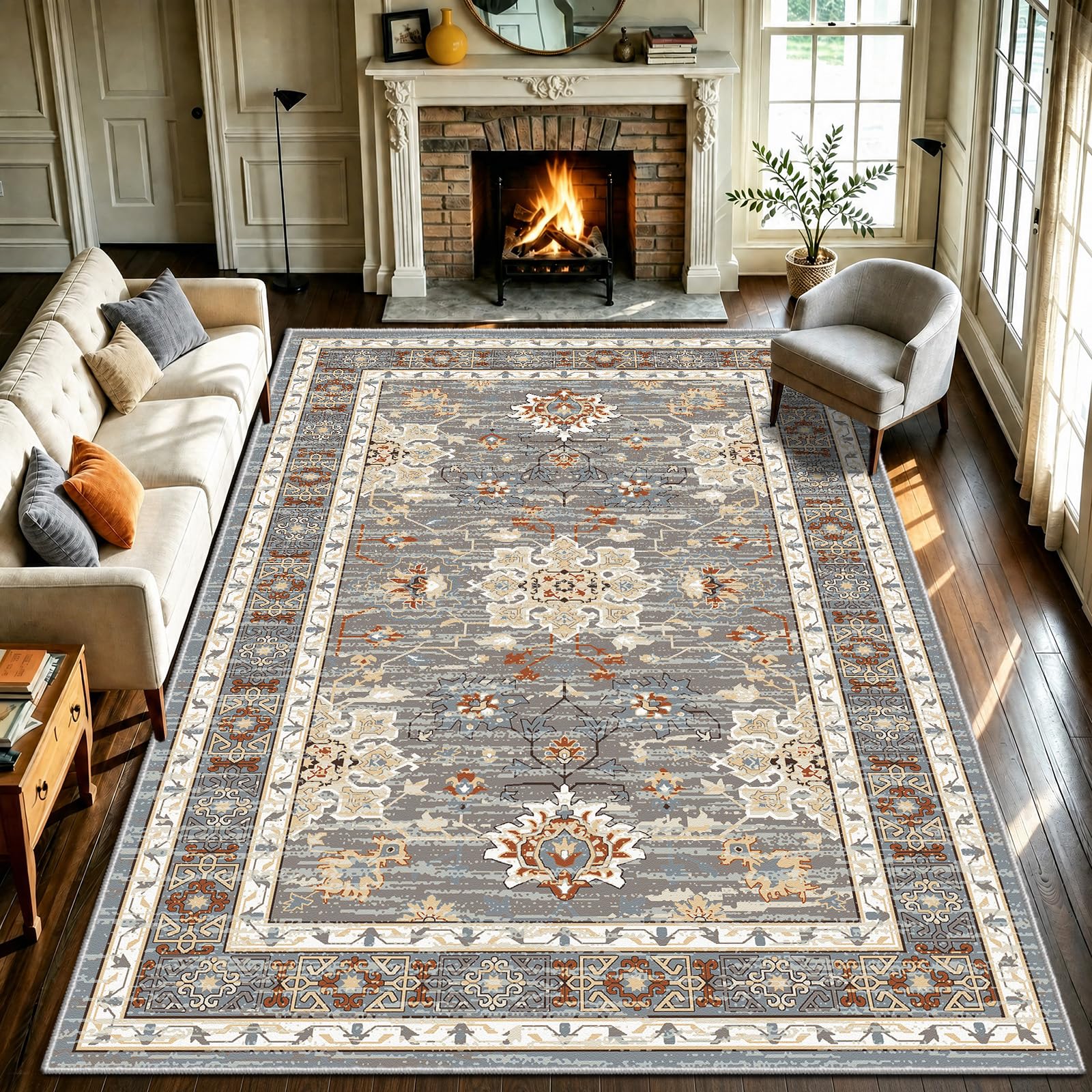 WUTONG Vintage Grey Rugs Living Room 180x250cm Large,Persian Style Carpet,Machine Washable Short Pile Non Slip Rug for Dining Room Main Bedroom Parlour — image 1