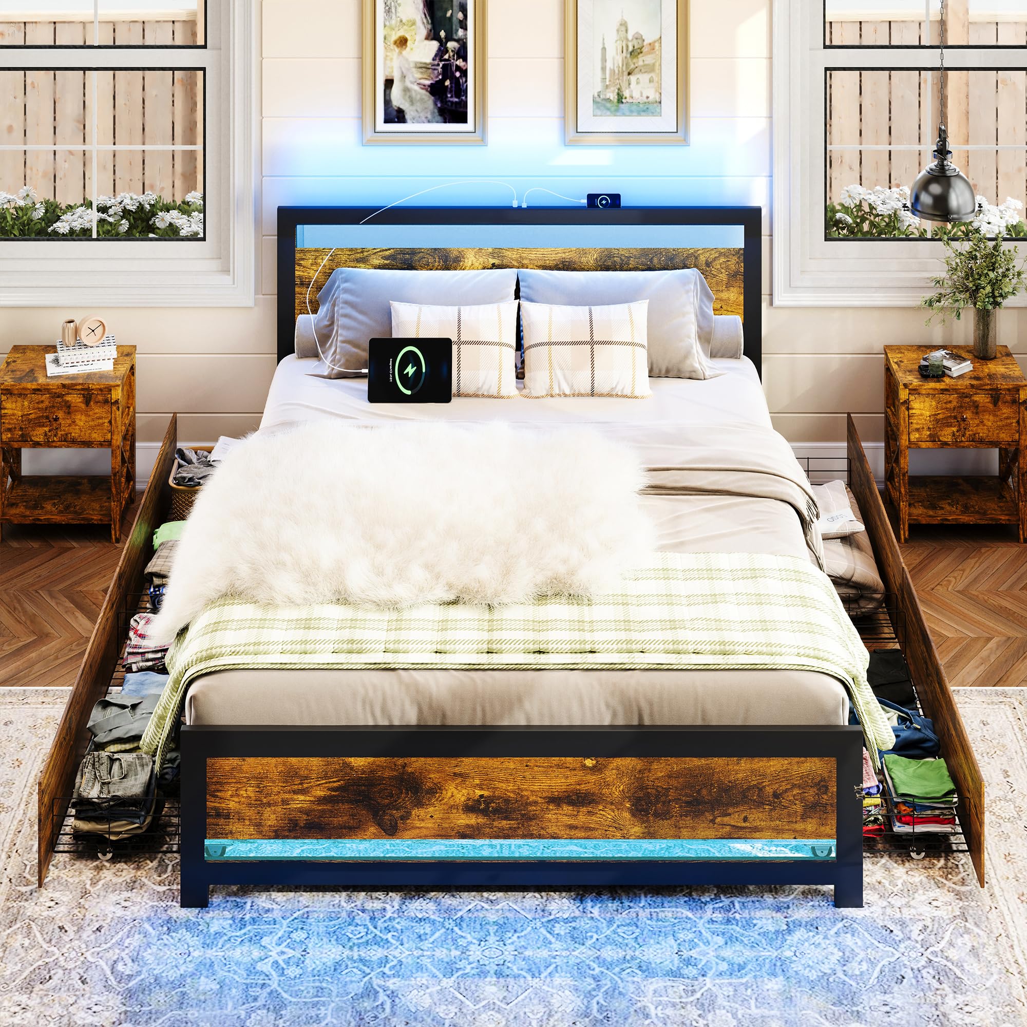 Ailisite Queen Size Bed Frame with Headboard & 4 Storage Drawers