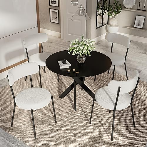 Miniatura 2 de Moderno juego de mesa de comedor redonda de 5 piezas, mesa de MDF circular negra y 4 sillas de comedor blancas Boucle, muebles de cocina con marco