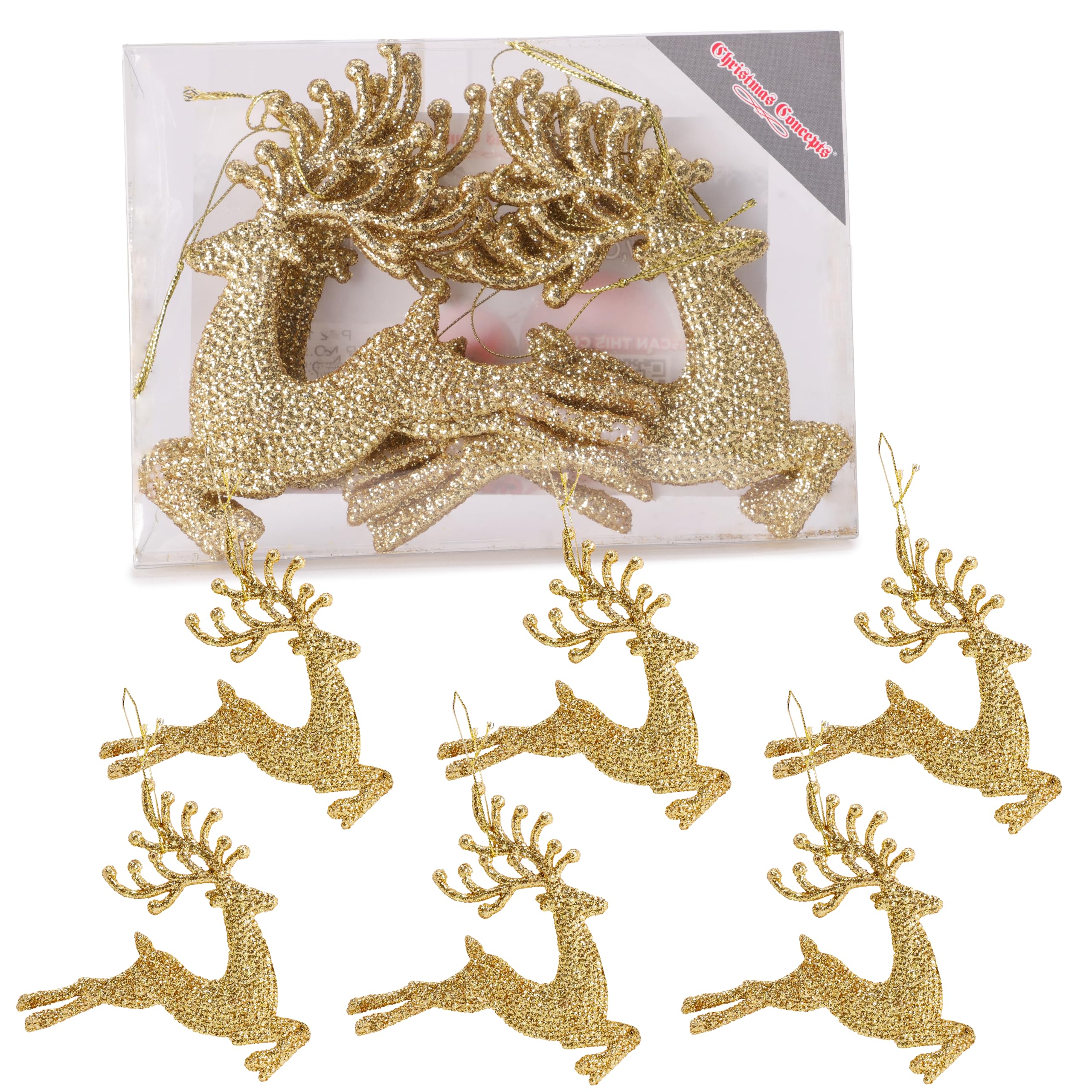 Christmas Concepts®- 100mm (4") Pack Of 6 Glittery Reindeer Baubles - Christmas Tree Decorations (Gold)