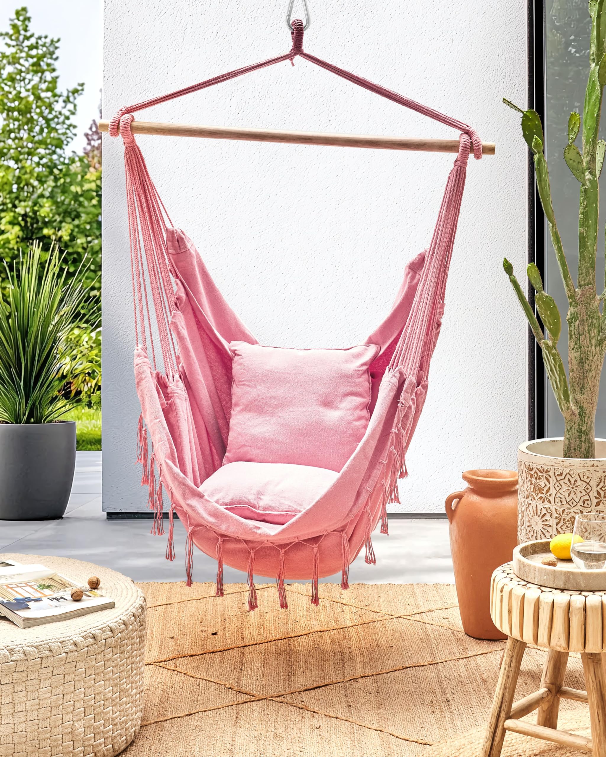 Brasilianischer Hängesessel Baumwolle/Buchenholz rosa mit Fransen Boho Bonea