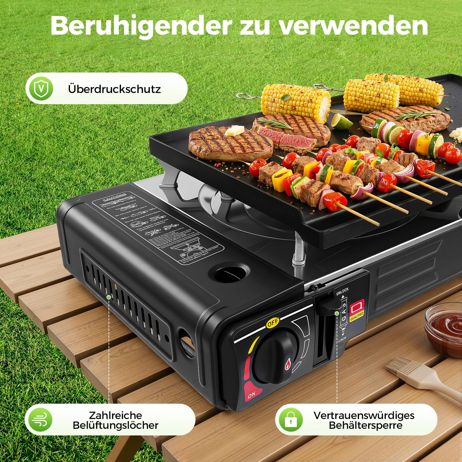 2-in-1 Gaskocher 2-Flammig Campingkocher mit Grillplatte, Tragbarer Camping Grill Gas Stove Campingkocher Gas Kochfeld für Outdoor und Innenraum